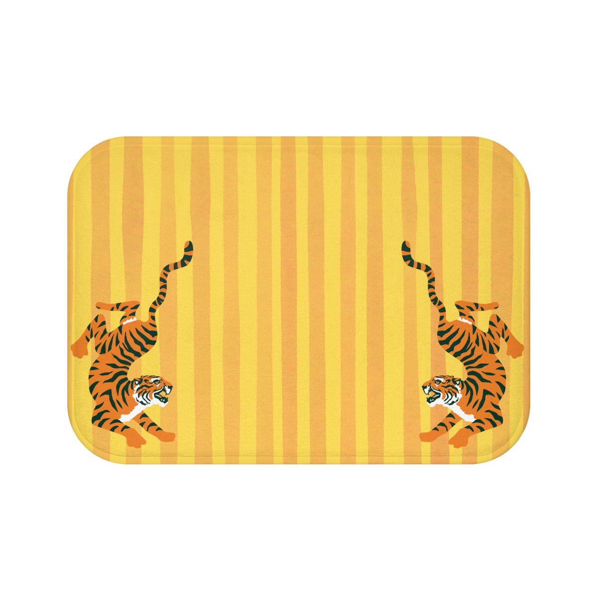 A rectangular mat with rounded corners featuring a yellow and orange vertical stripe pattern and two cartoon tigers on each side, shown on a plain white background.