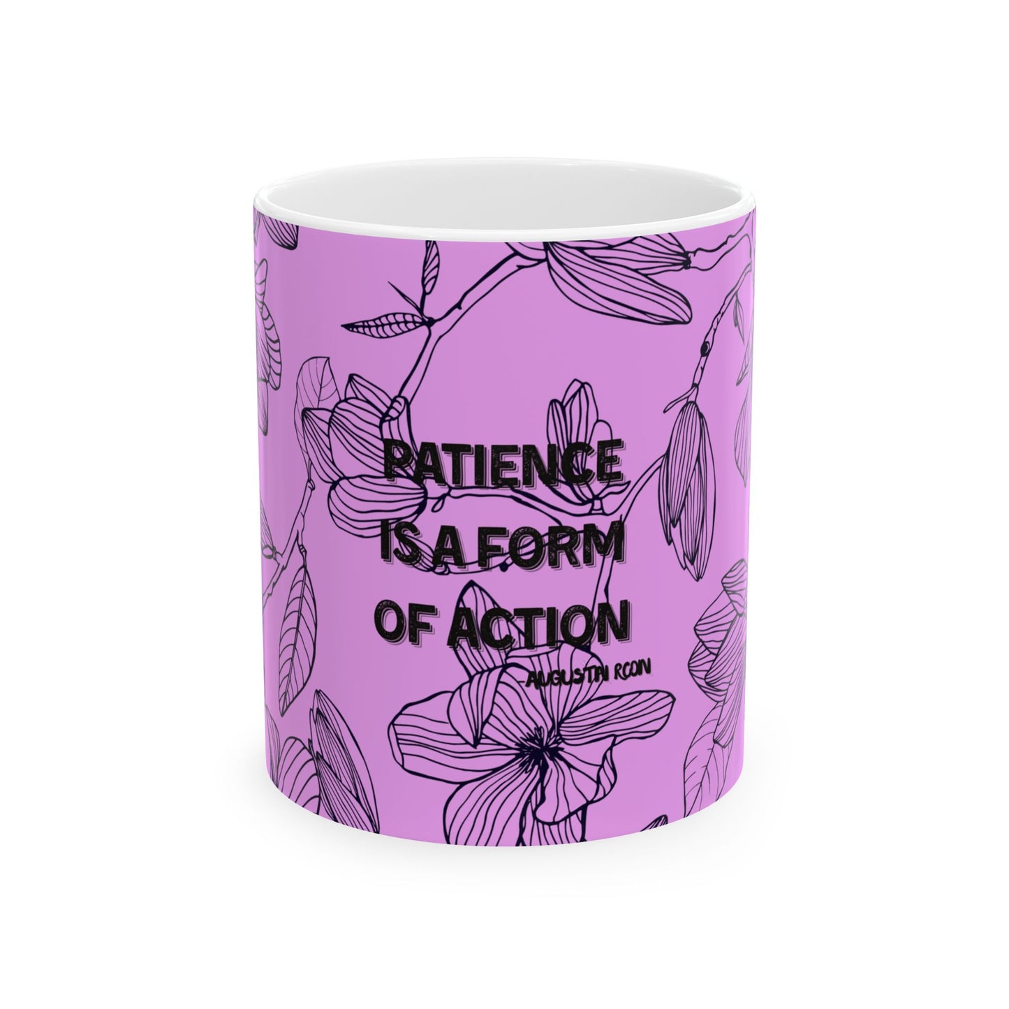 Mug with floral design and text on a purple background