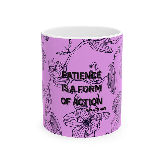 Mug with floral design and text on a purple background