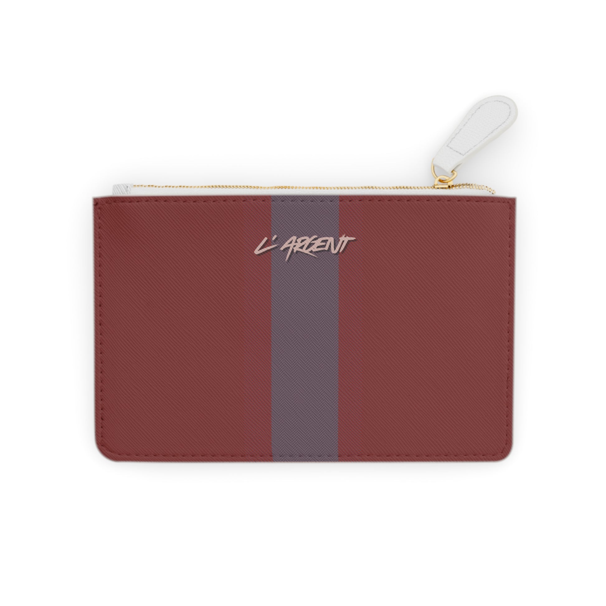 Maroon pouch with a gray stripe and 'L'Argent' branding on a white background