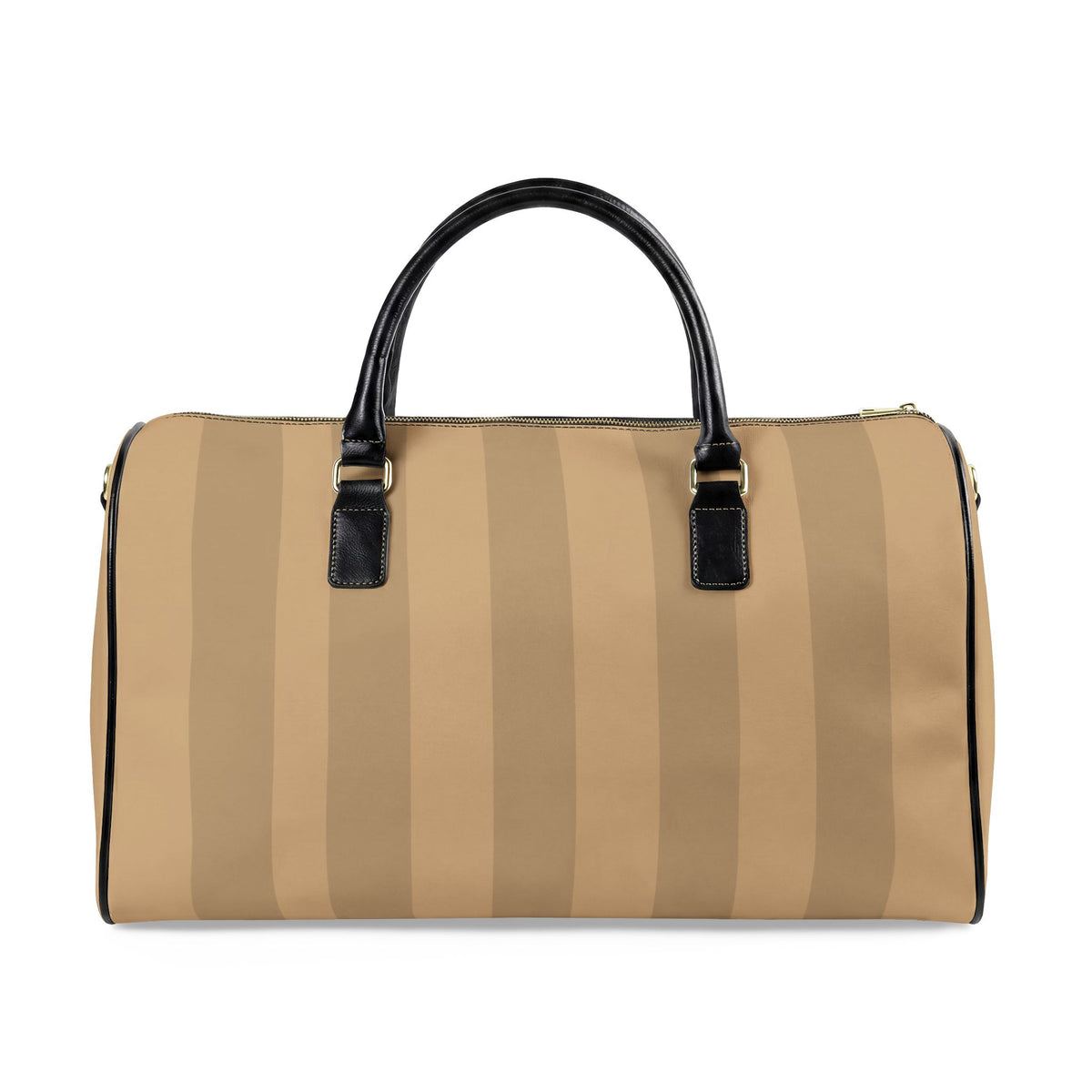 A beige and tan vertically striped duffel bag with black leather top handles and gold-tone hardware, shown against a plain white background.