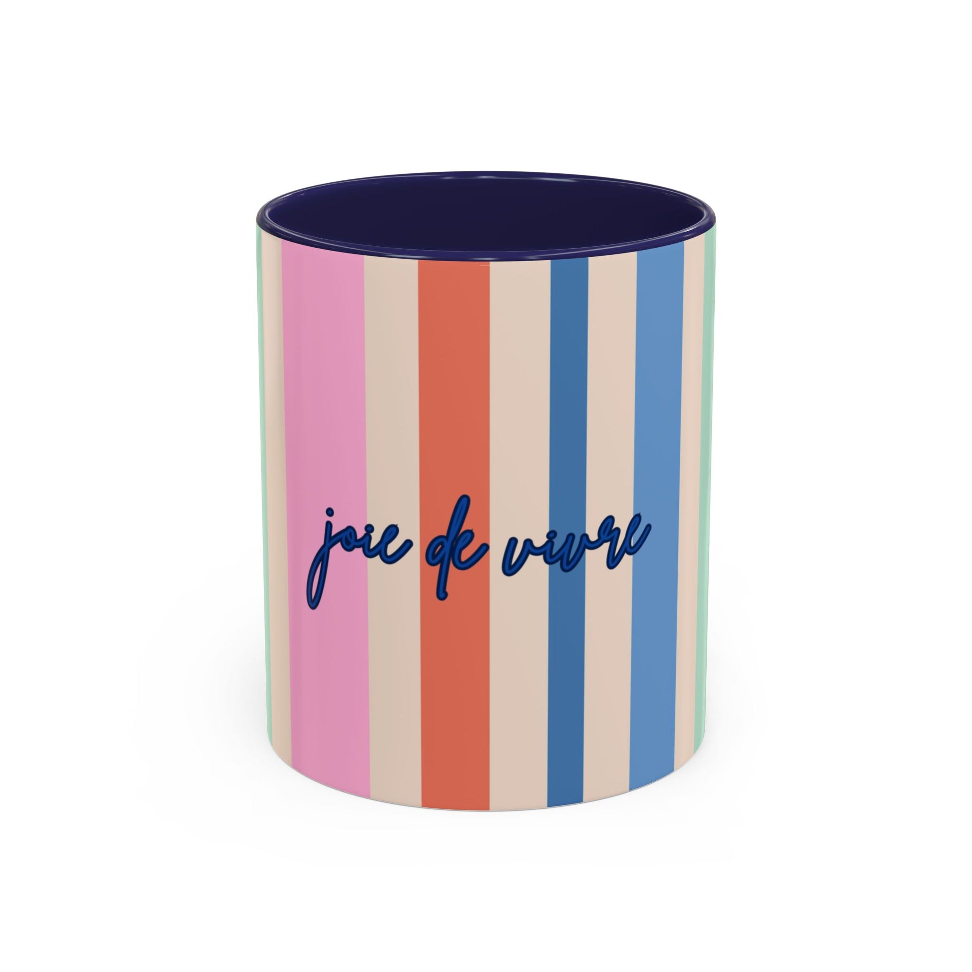 Colorful striped mug with 'joie de vivre' text on a white background