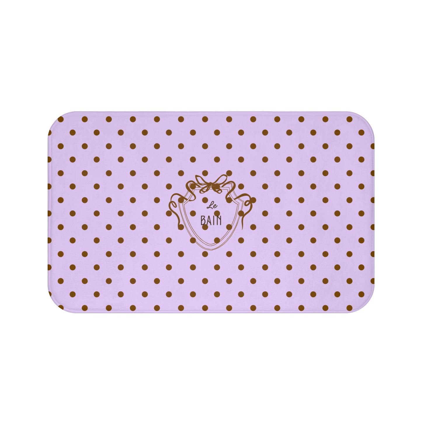 Purple bath mat with gold polka dots and a logo on a white background