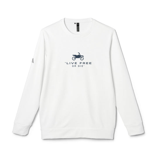 White long-sleeve shirt with 'Live Free or Die' text and motorcycle graphic on a white background