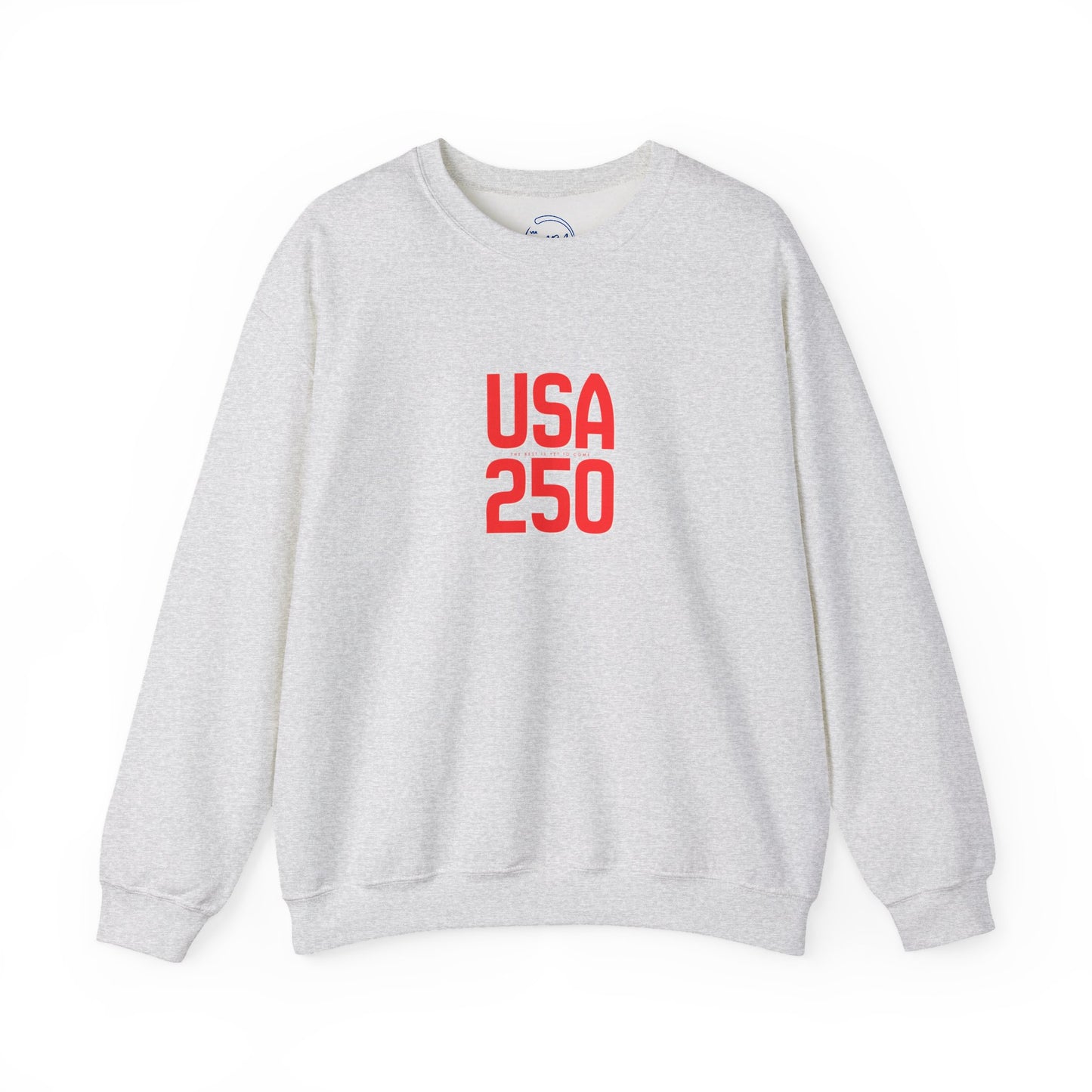 Gray sweatshirt with 'USA 250' in red text on a white background