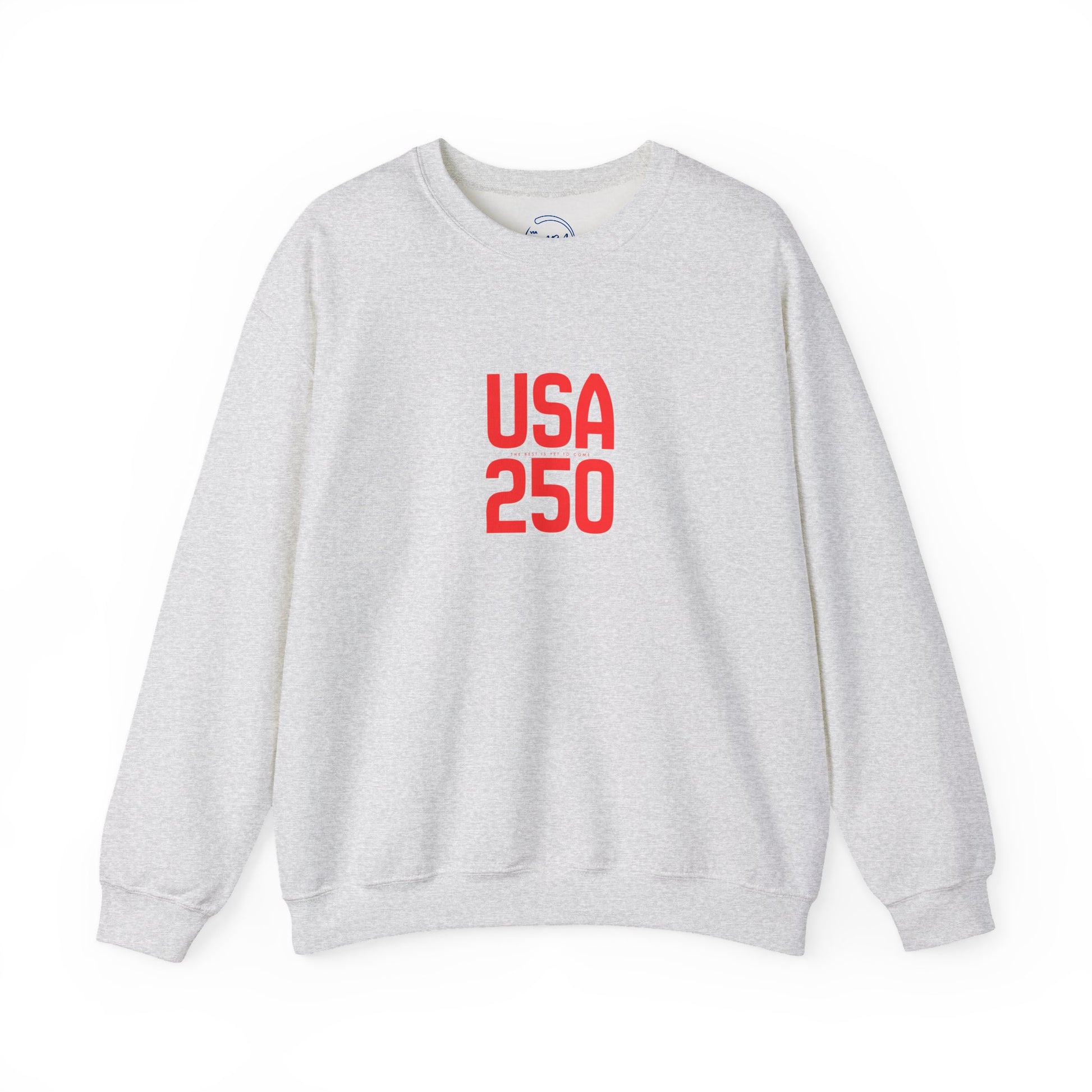 Gray sweatshirt with 'USA 250' in red text on a white background
