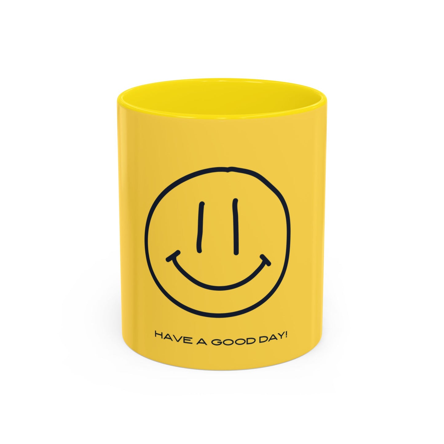 Yellow cup with smiley face and 'Have a good day!' text on a white background
