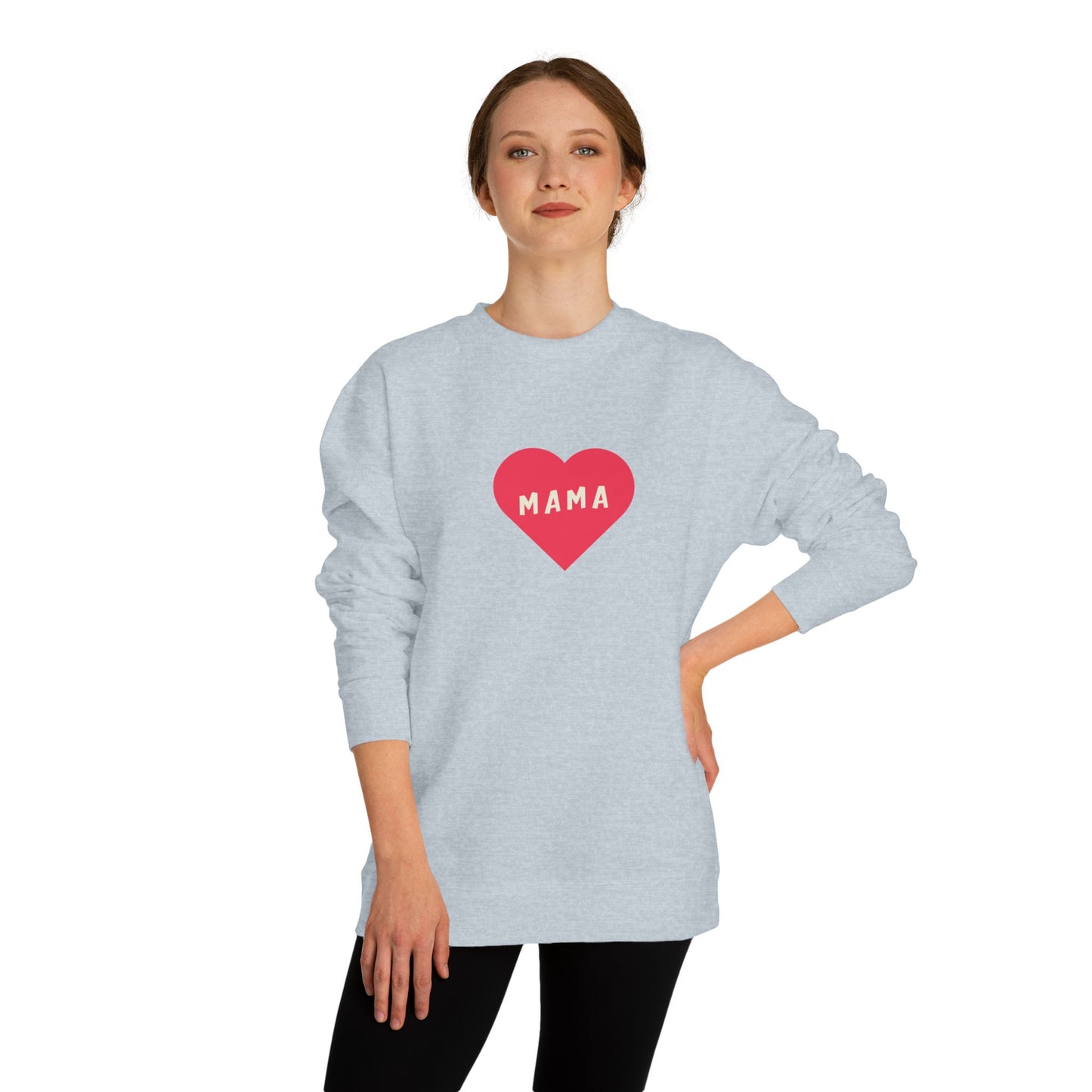 Woman wearing a light gray sweatshirt with a red heart and 'MAMA' text on a white background
