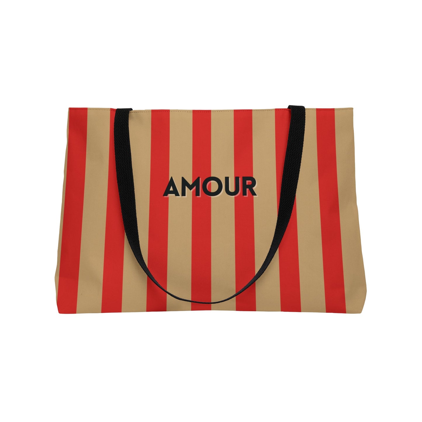 Striped bag with 'AMOUR' text on a white background