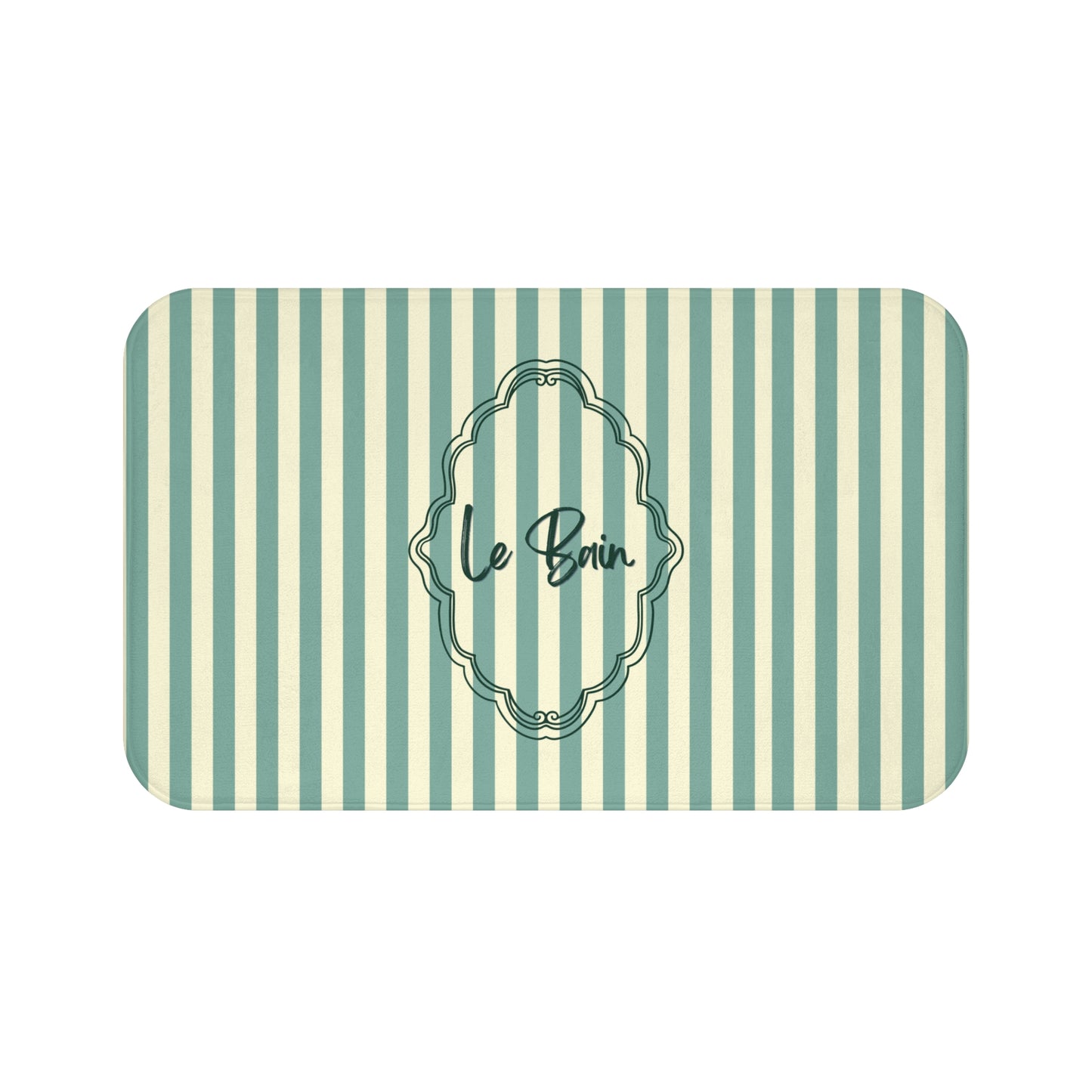 Striped bath mat with 'Le Bain' text on a white background