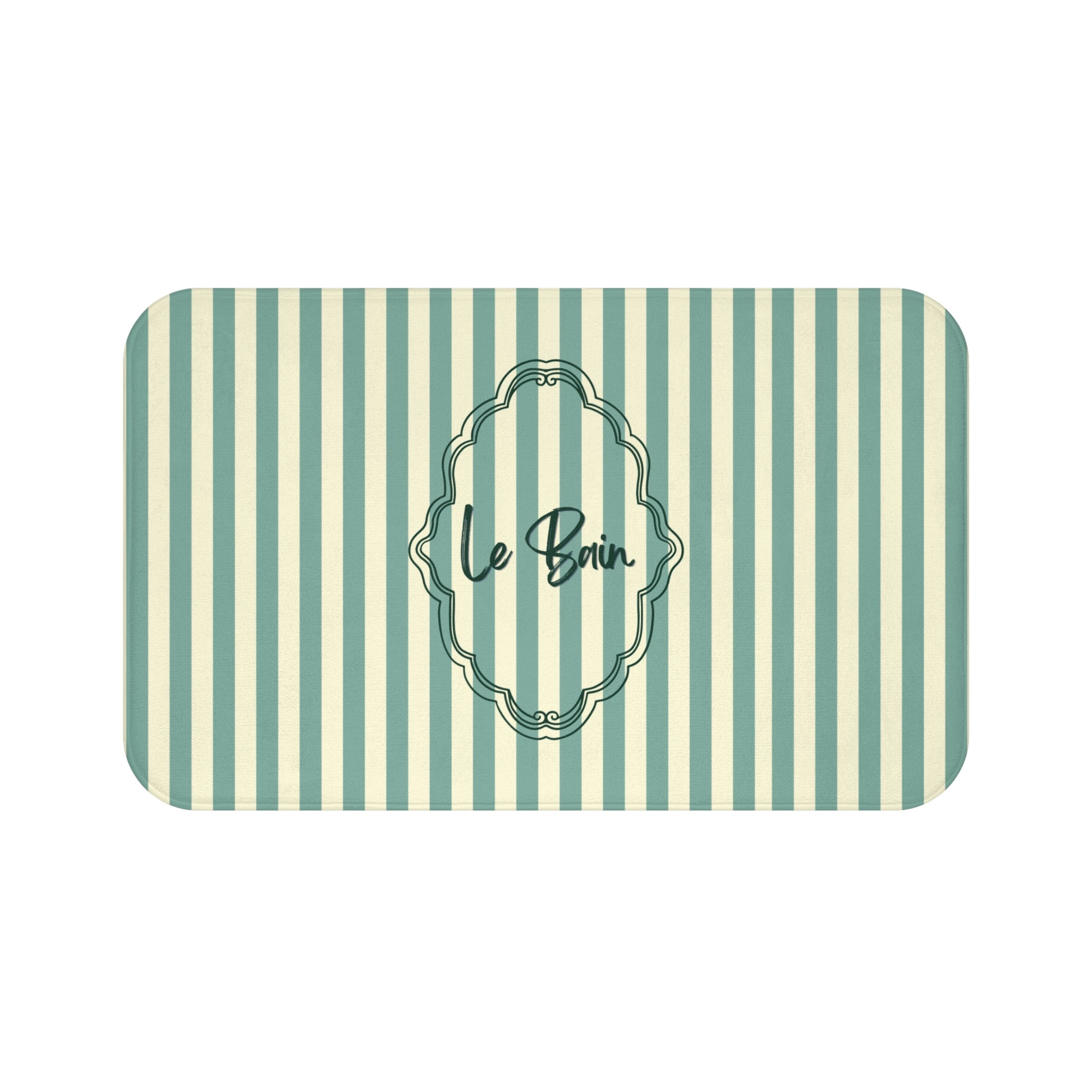 Striped bath mat with 'Le Bain' text on a white background