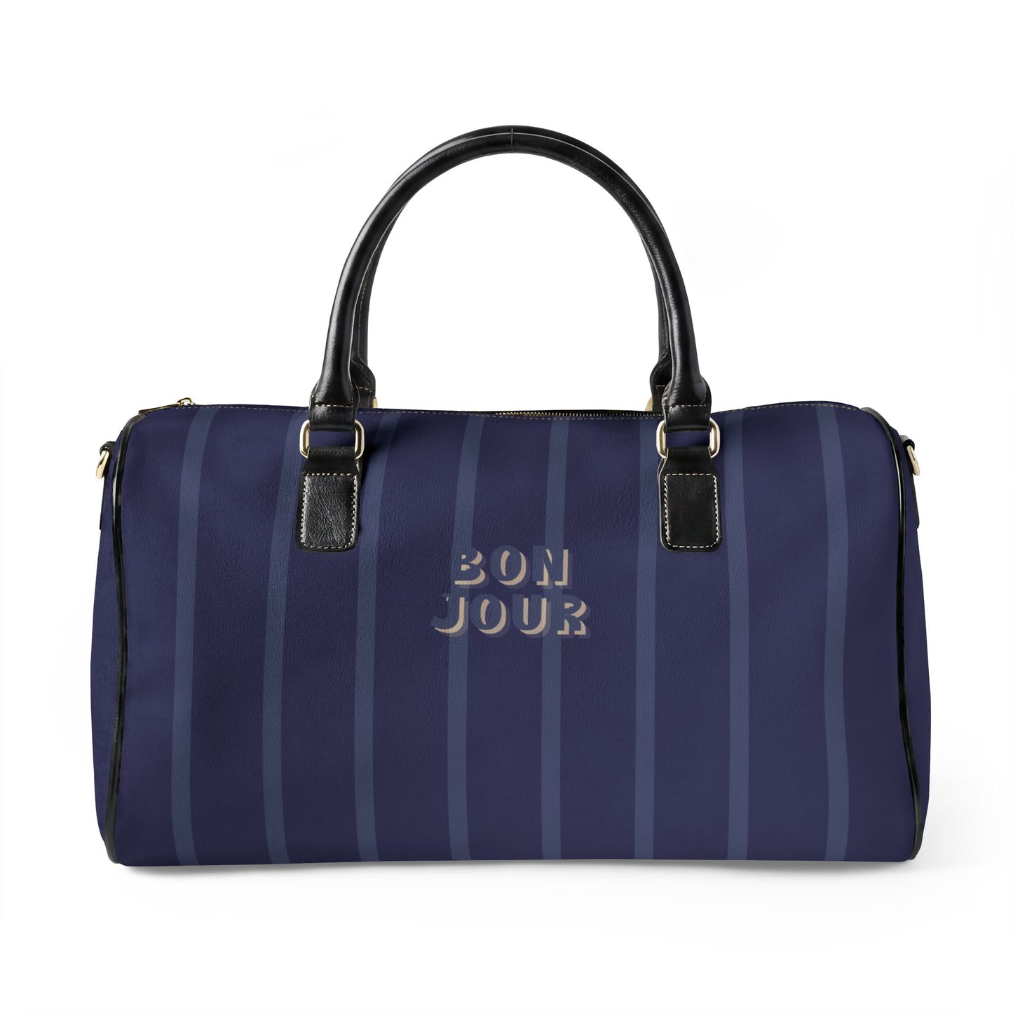 Navy striped duffel bag with 'Bonjour' text on a white background