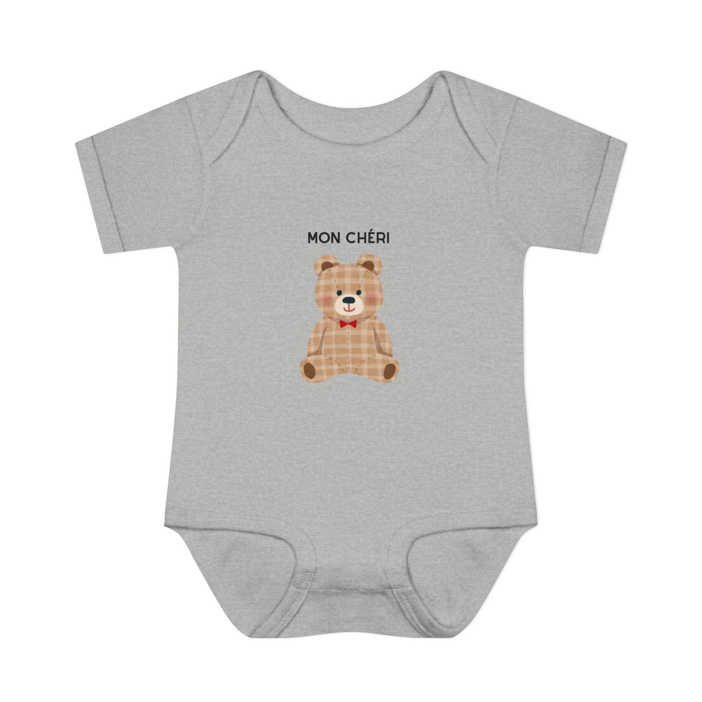 Gray baby onesie with a teddy bear graphic and 'MON CHÓRI' text on a white background