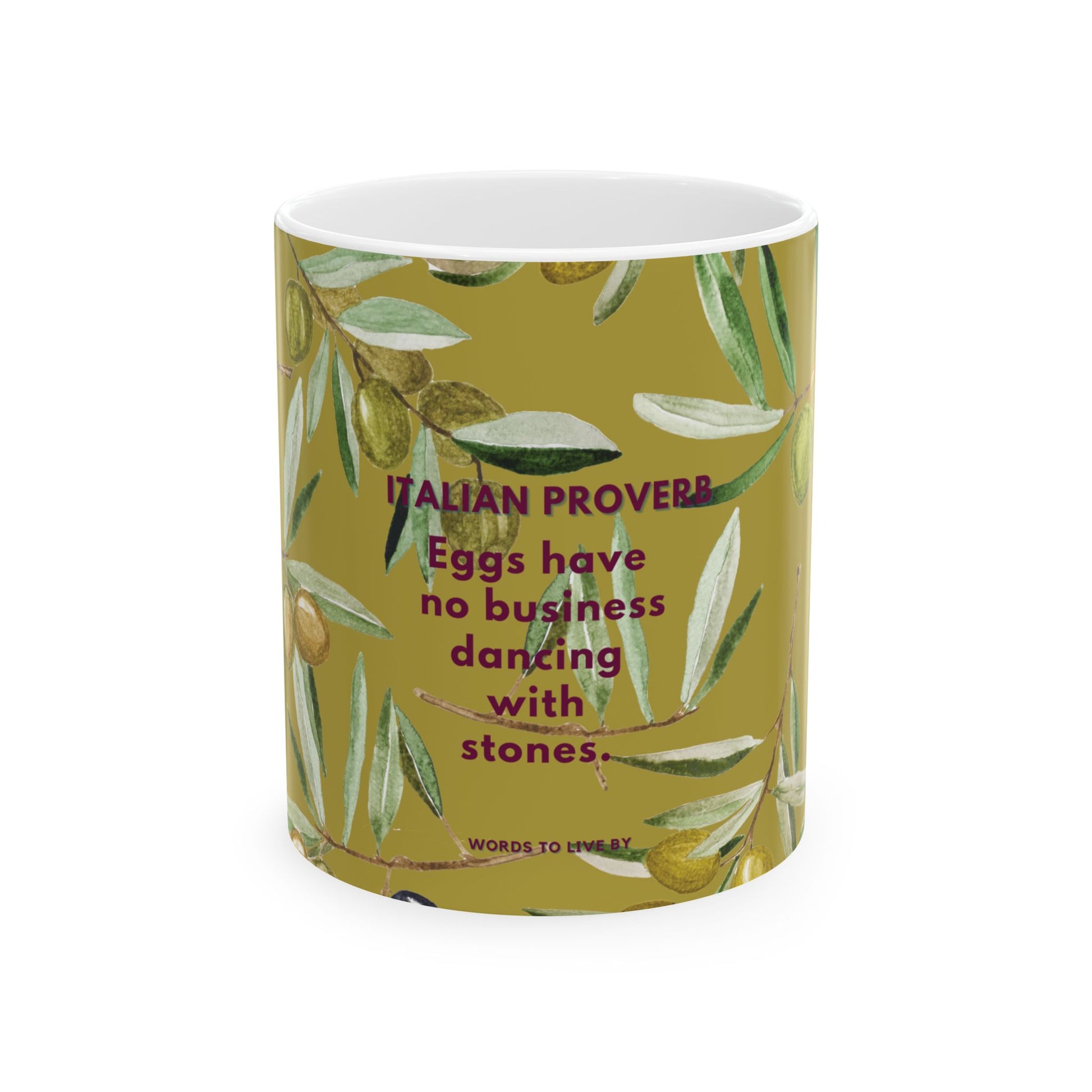 Mug with olive design and Italian proverb text on a white background