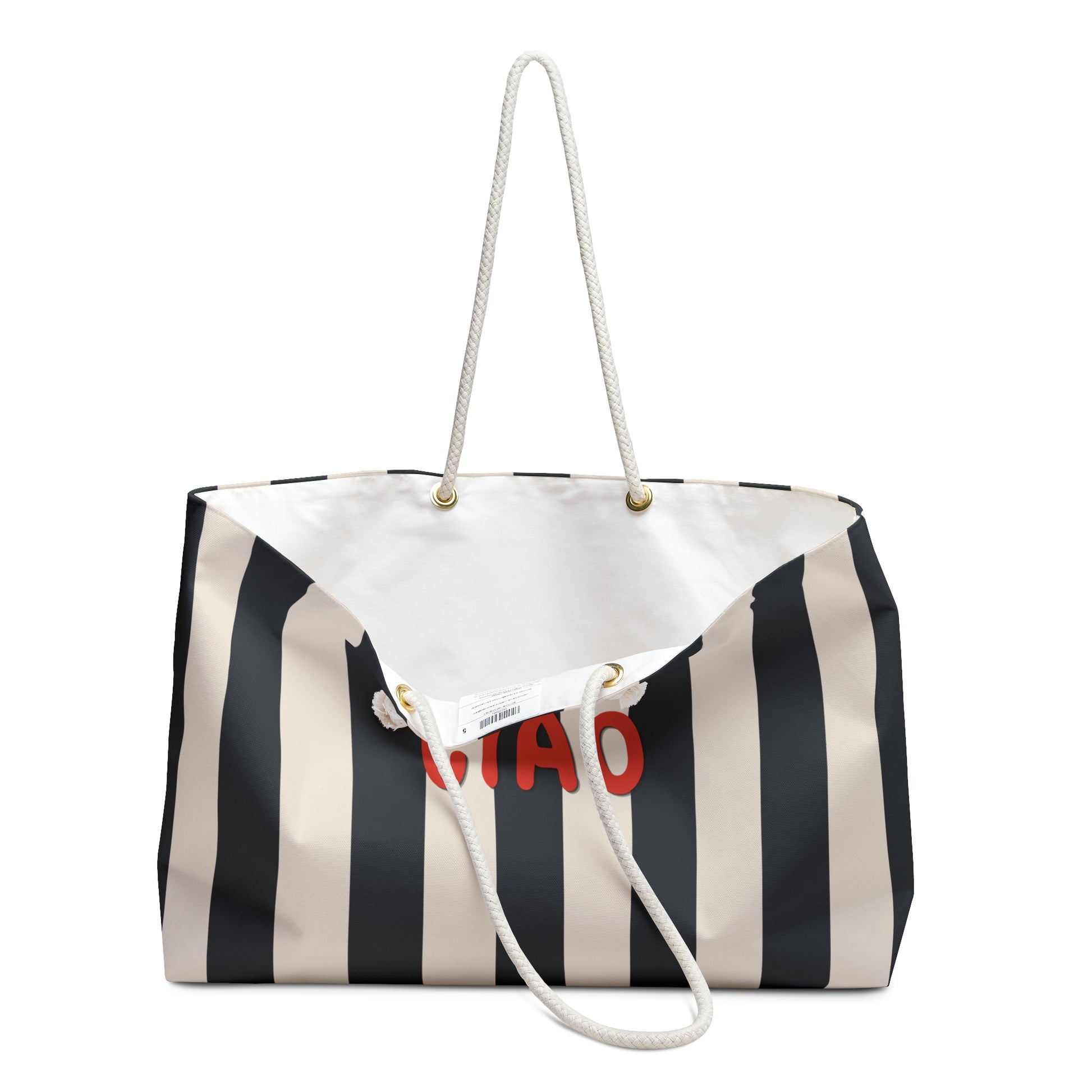 Black and white striped bag with red text on a white background