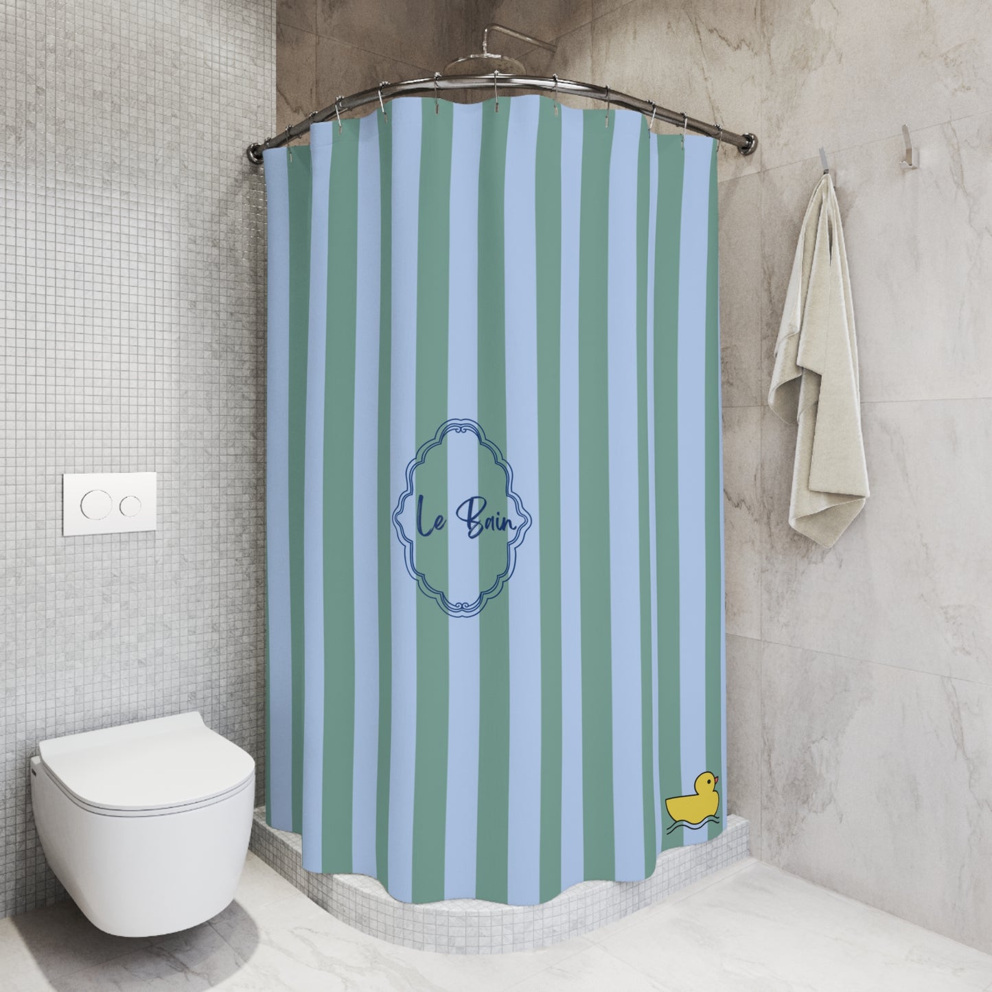 Striped shower curtain with a duck design in a bathroom setting