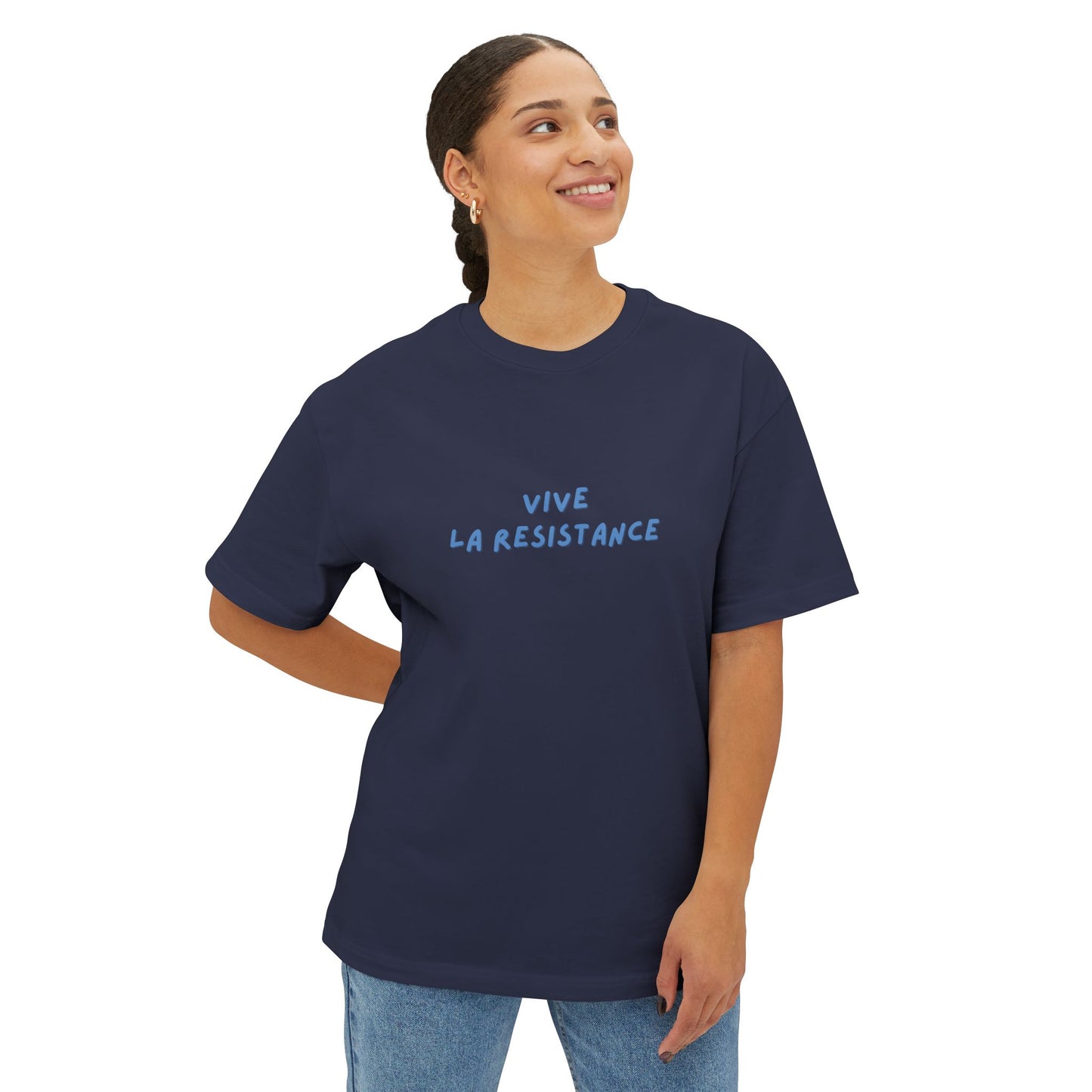 Person wearing a navy blue t-shirt with 'Vive La Resistance' text on a white background