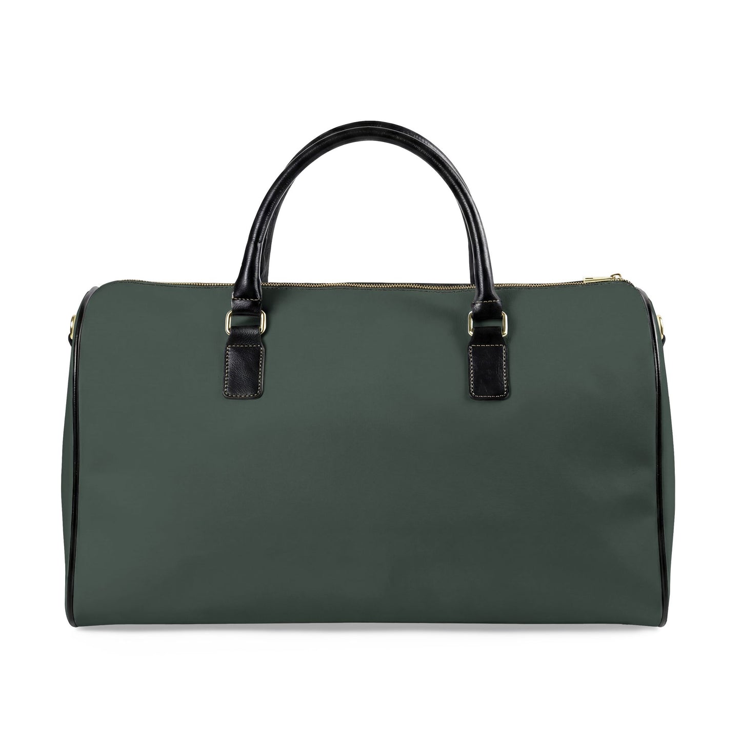 Green duffel bag with black handles on a white background