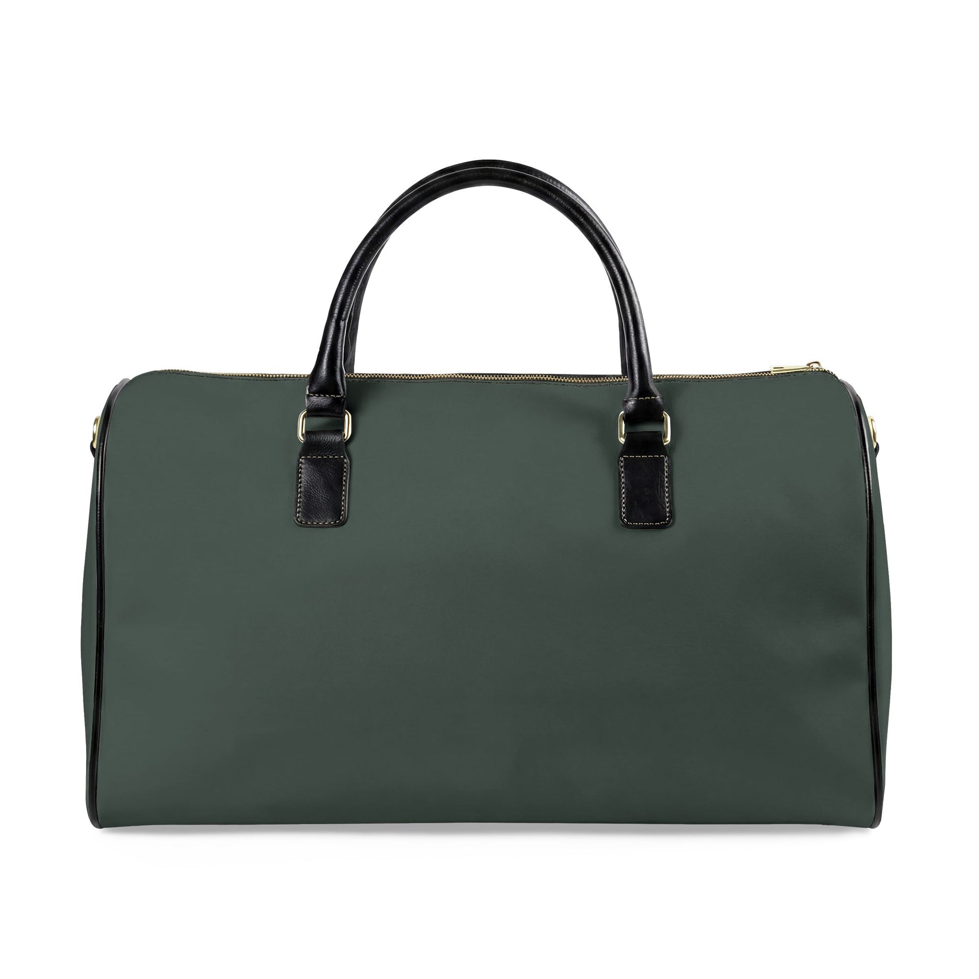 Green duffel bag with black handles on a white background