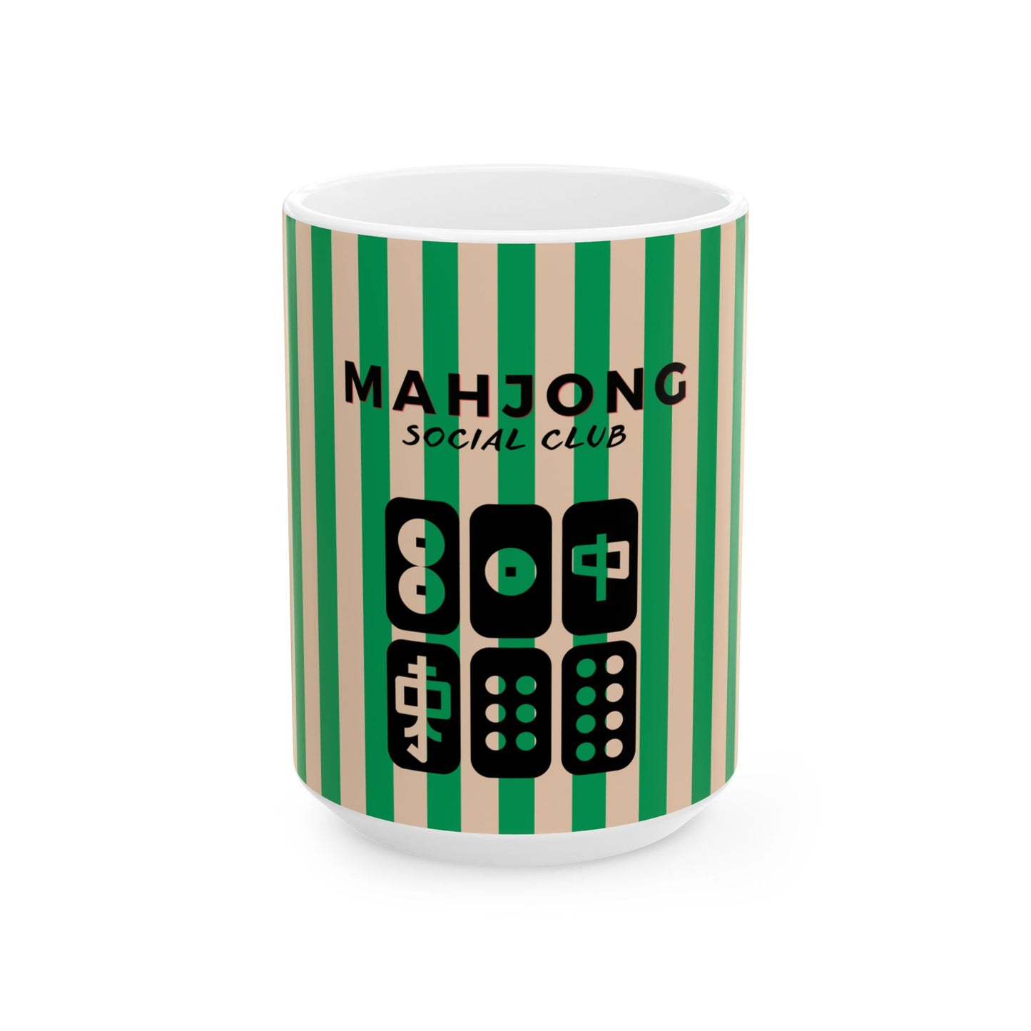 Mug with green and beige striped pattern and 'Mahjong Social Club' text on a white background