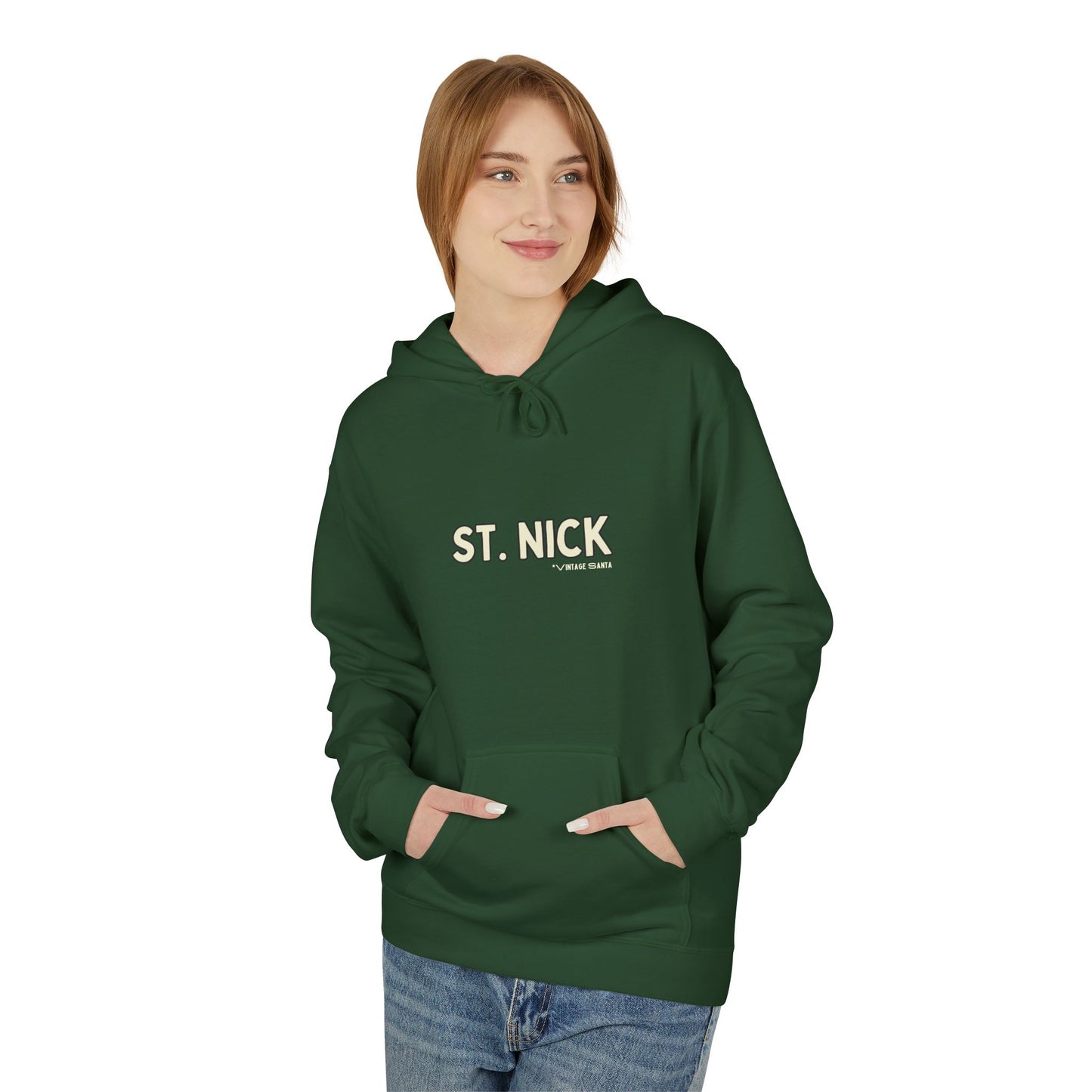 Person wearing a green hoodie with 'ST. NICK' text on a white background