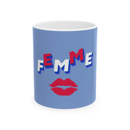Blue mug with 'FEMME' in colorful letters and red lips on a white background