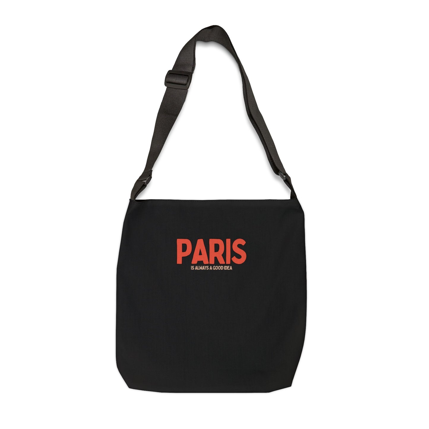 Black bag with 'PARIS is always a good idea' text on a white background