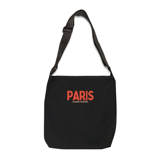 Black bag with 'PARIS is always a good idea' text on a white background