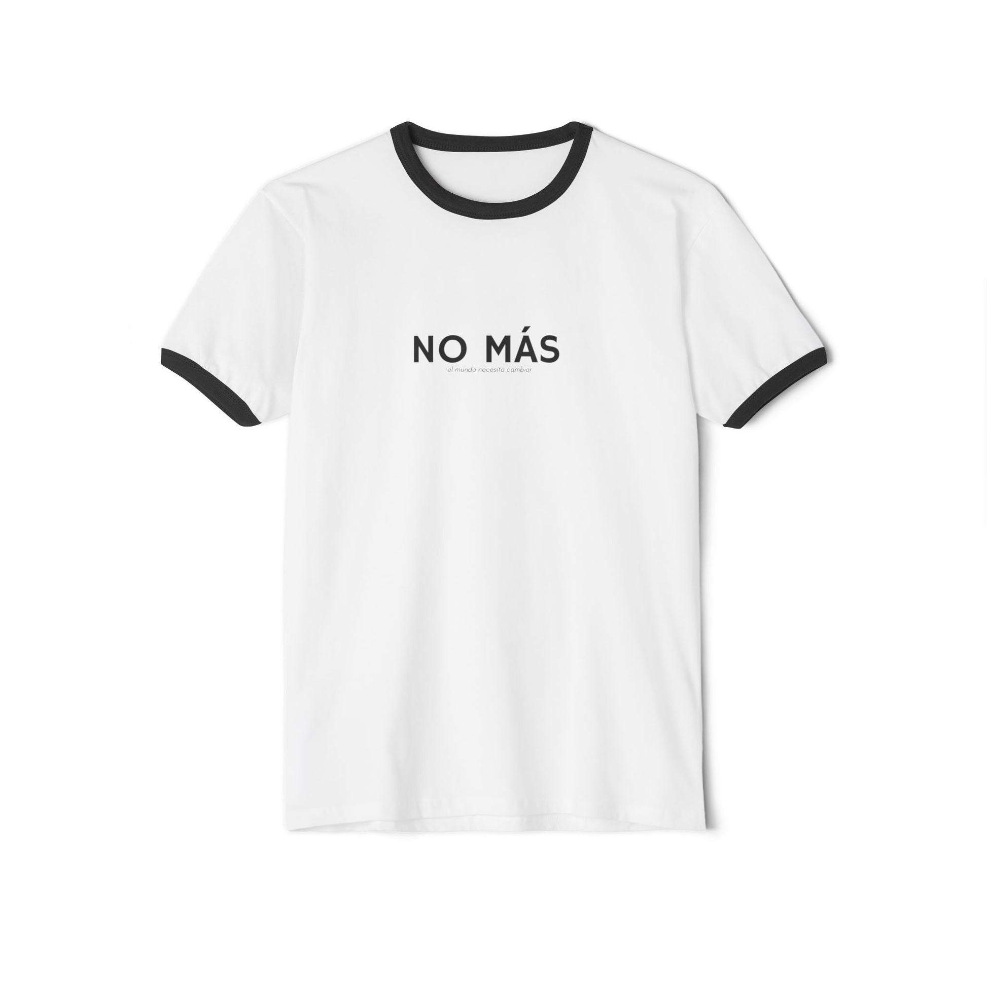 White t-shirt with black text 'NO MÁS' on a white background