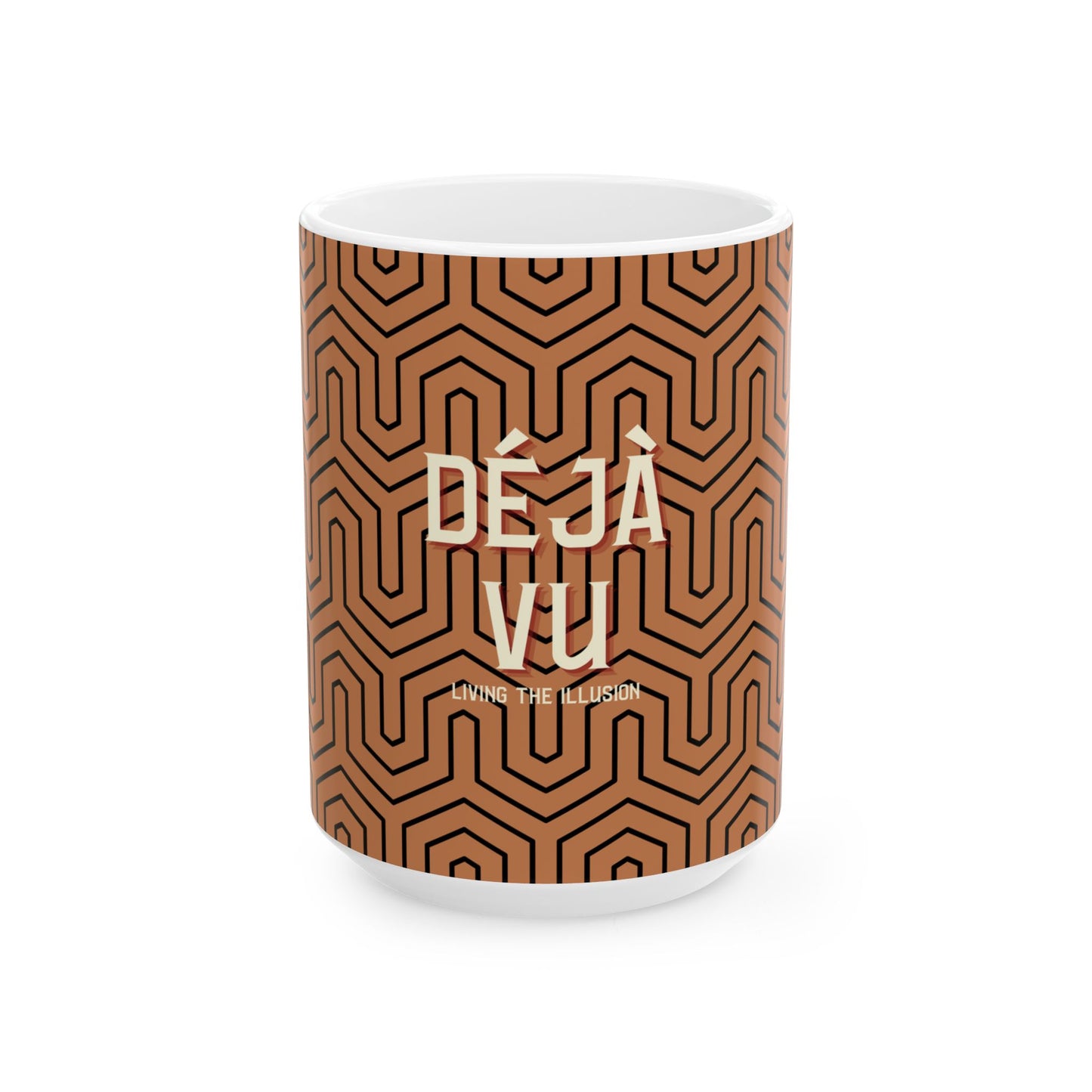 Mug with brown geometric pattern and 'Deja Vu' text on a white background