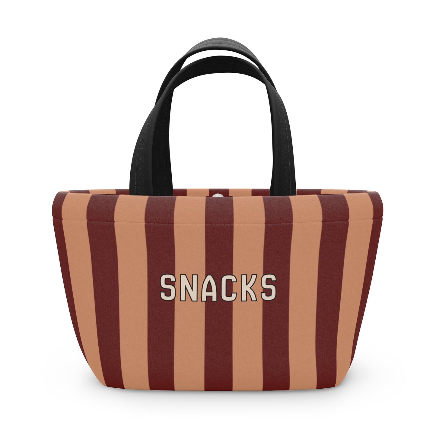 Striped bag with 'SNACKS' text on a white background