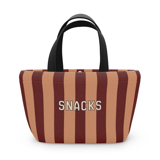 Striped bag with 'SNACKS' text on a white background