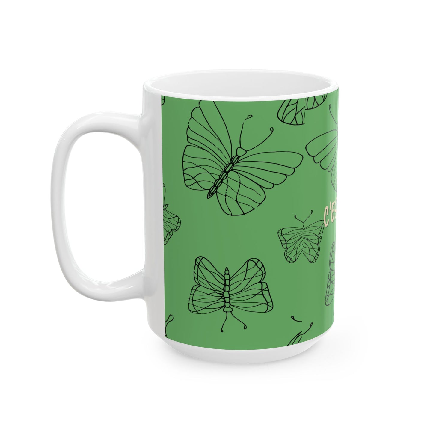 C'est la Vie 'Be Happy Anyway' Butterfly Ceramic Mug, GREEN - Encouragement Gift