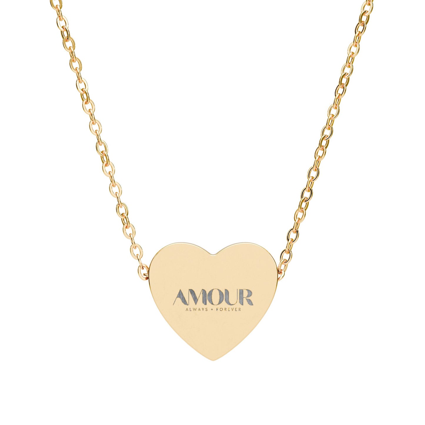 Gold heart-shaped necklace with 'AMOUR' engraving on a white background