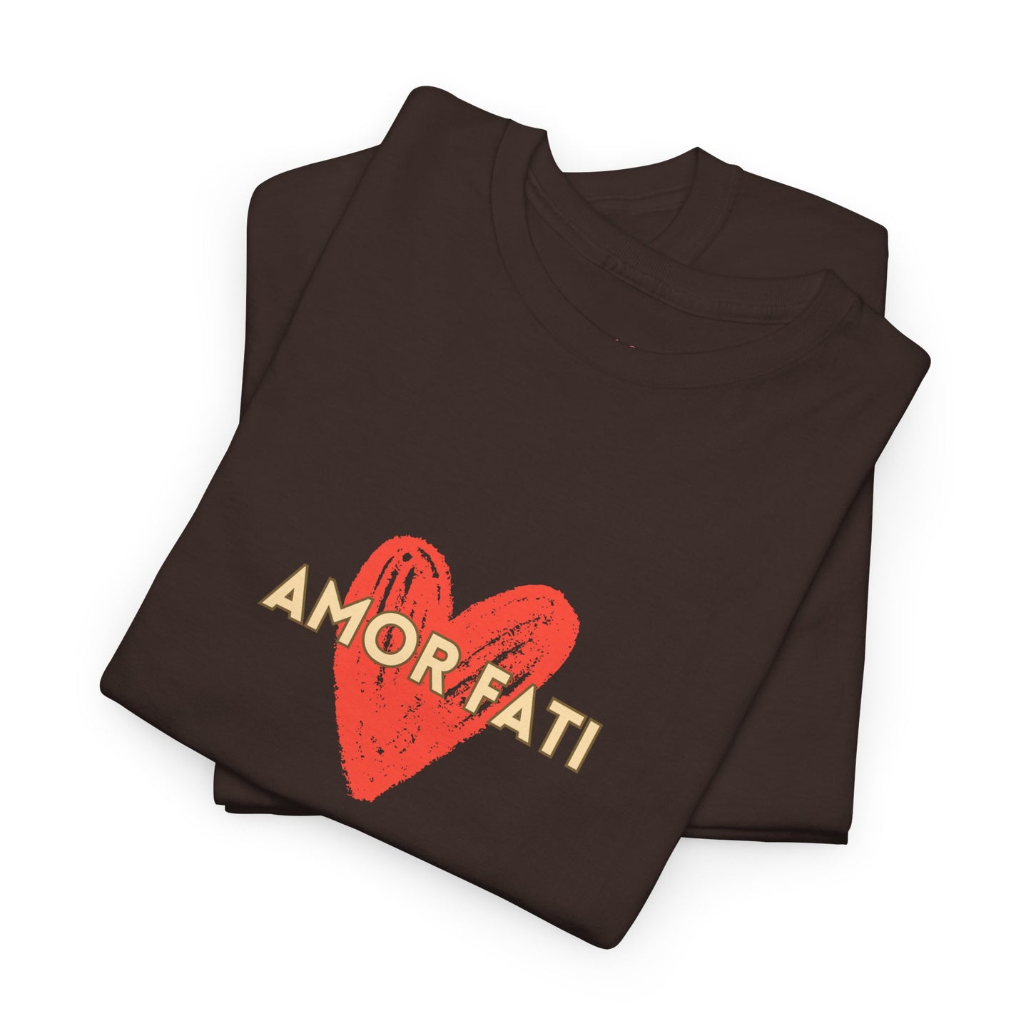 Folded brown t-shirt with red heart and 'AMORE FATI' text on a white background