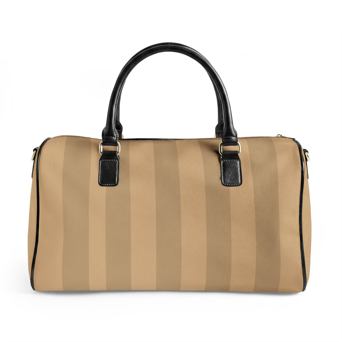 A horizontal-striped duffle bag in shades of tan and beige with black leather handles and trim, shown on a plain white background.