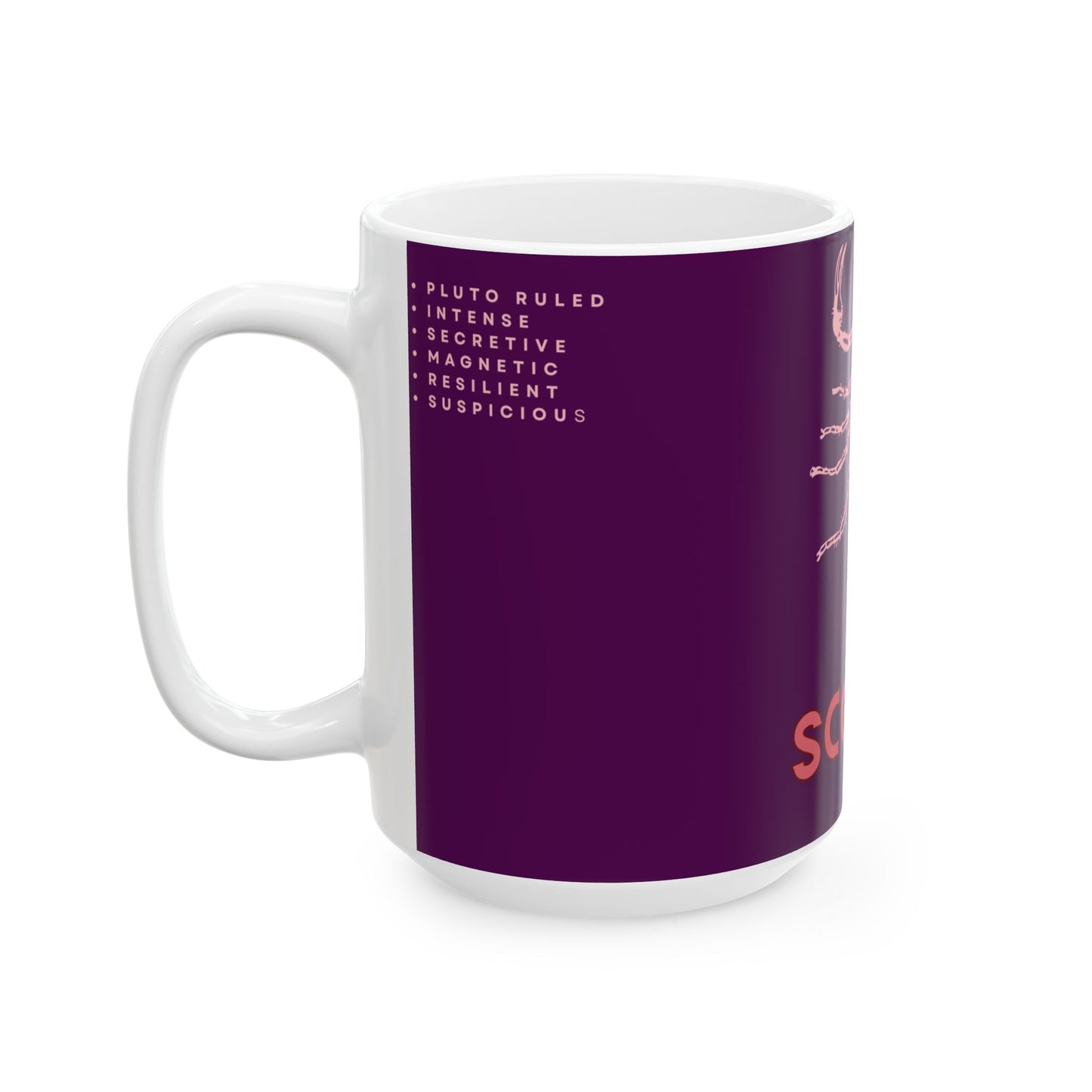 White mug with purple design featuring text on a white background