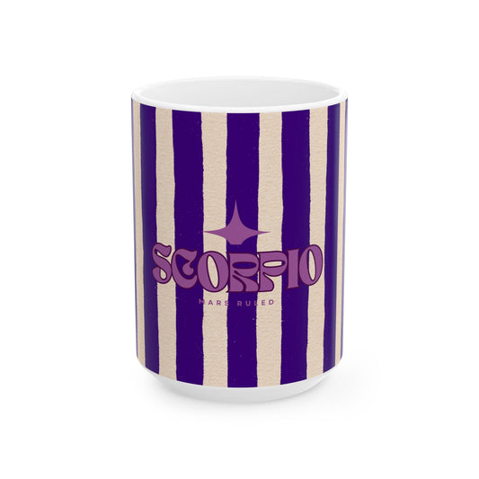 Mug with purple and white striped design and 'Scorpio' text on a white background