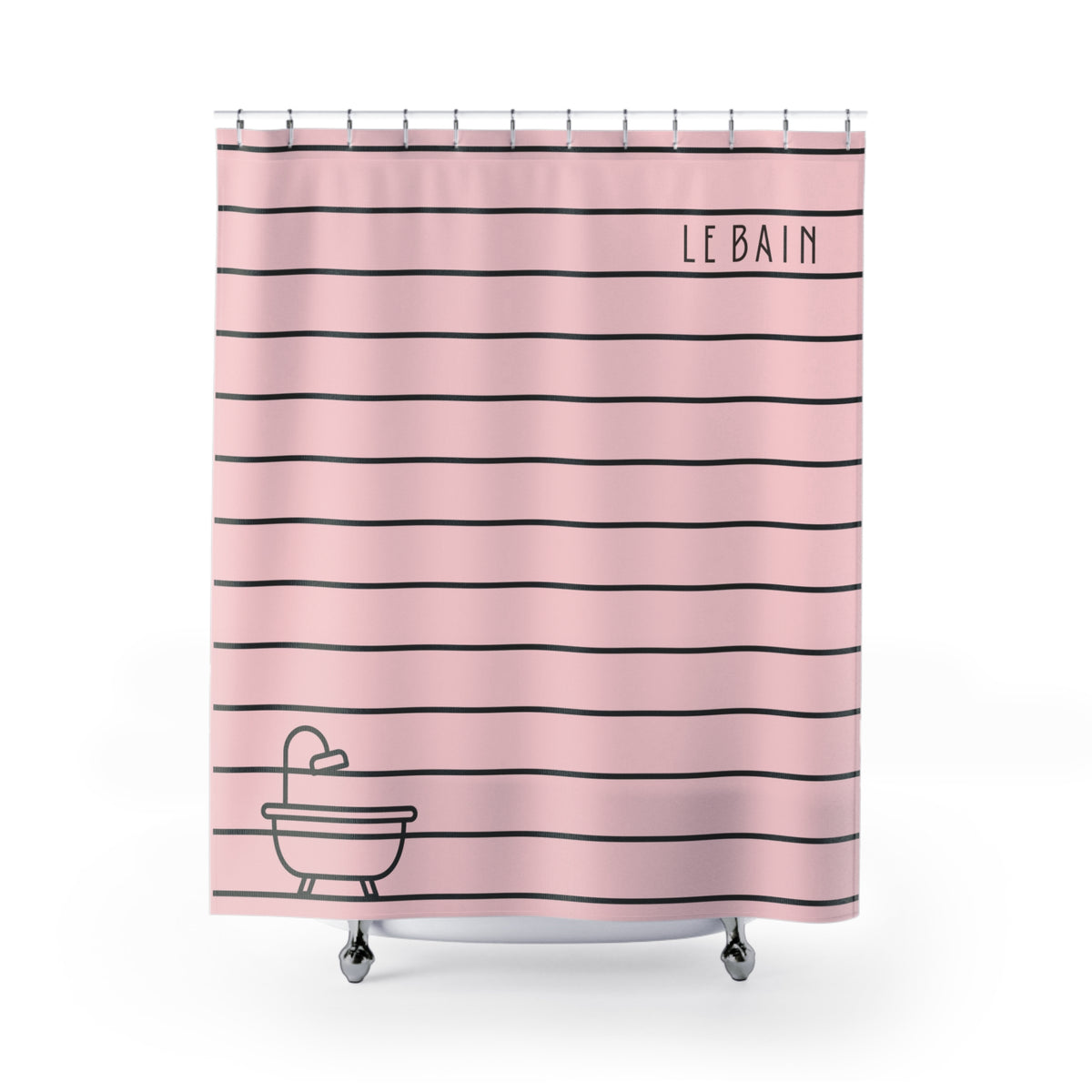 Pink shower curtain with thin black horizontal stripes, the word 'LE BAIN' printed near the top right, and a simple black line drawing of a bathtub at the bottom left. The curtain is shown hanging on a white rod against a clean white background.