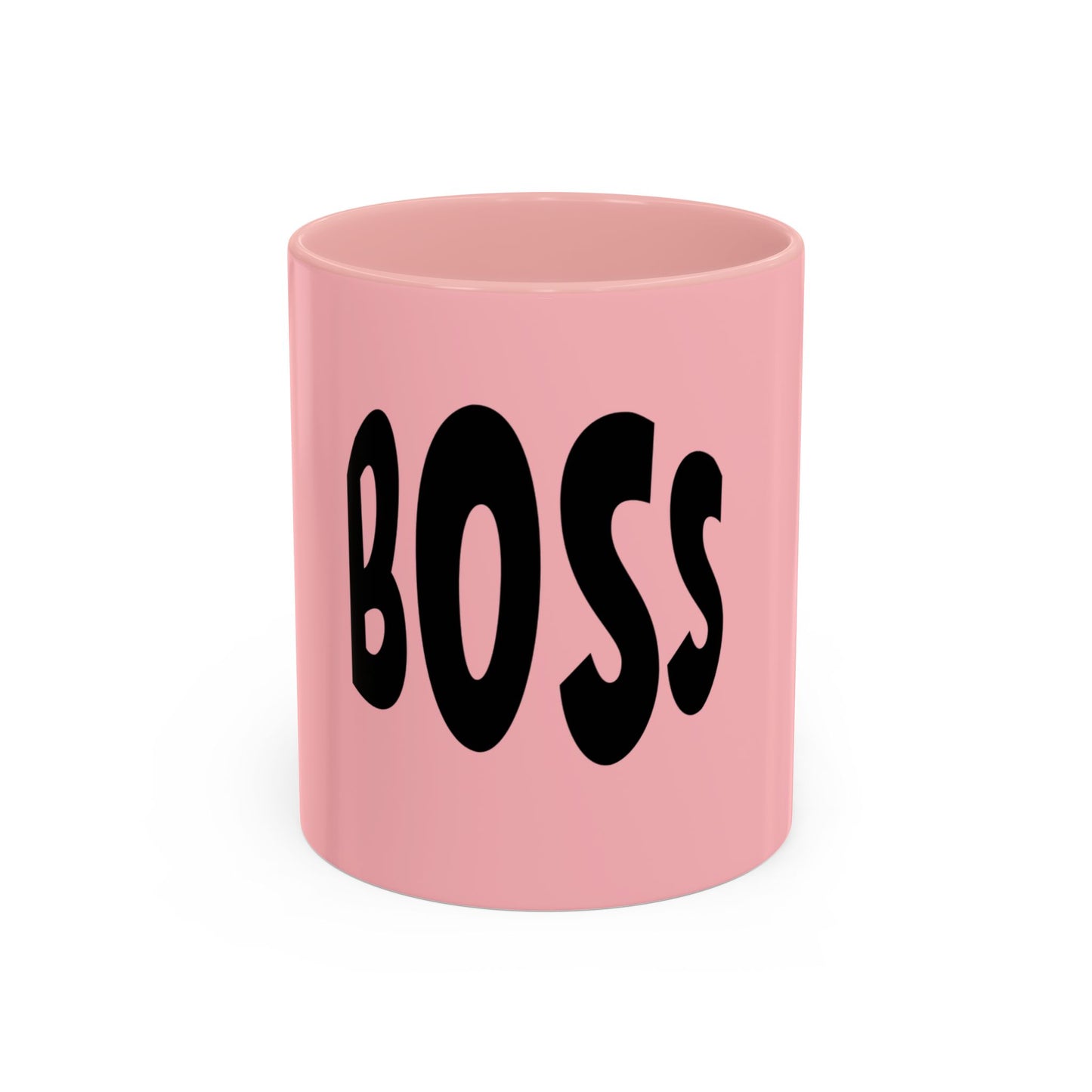 Pink mug with 'BOSS' text on a white background