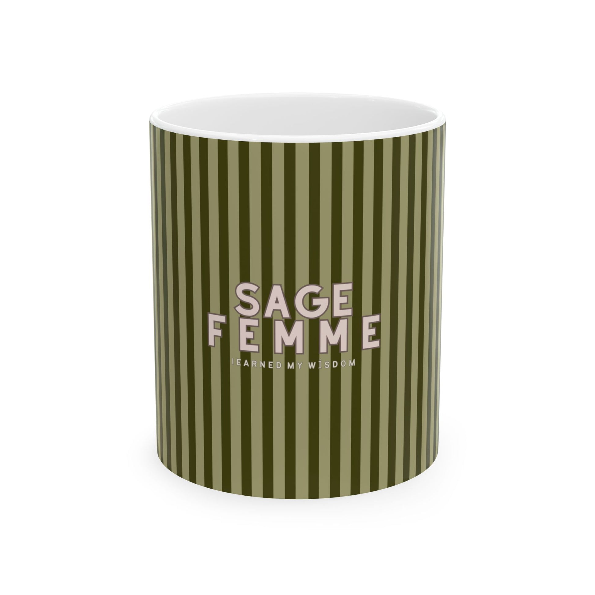 Green striped mug with 'SAGE FEMME' text on a white background