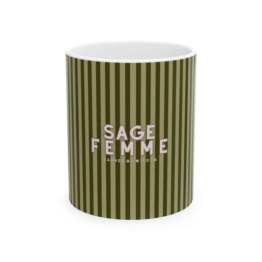 Green striped mug with 'SAGE FEMME' text on a white background