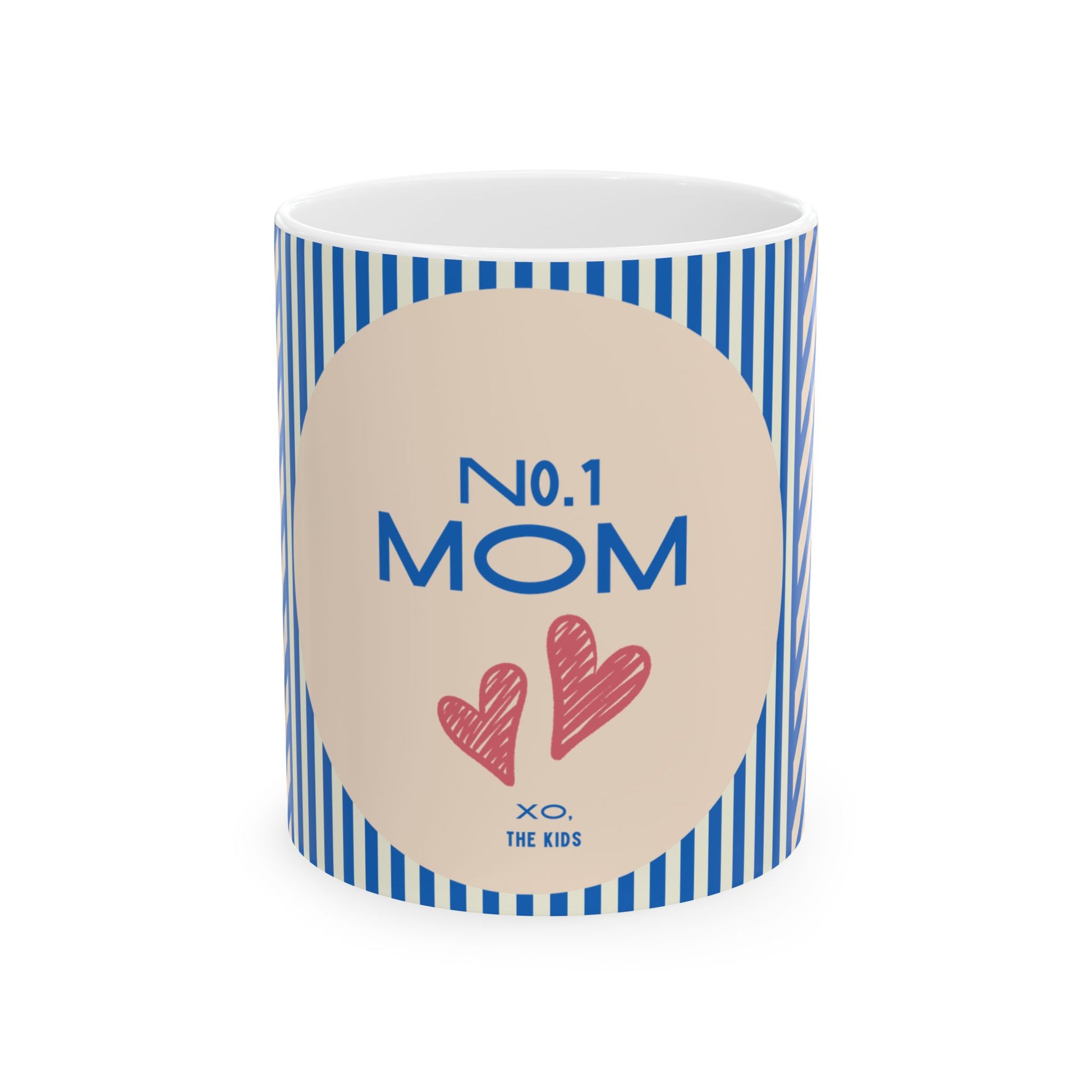 Mug with blue stripes and 'No. 1 Mom' text on a beige background