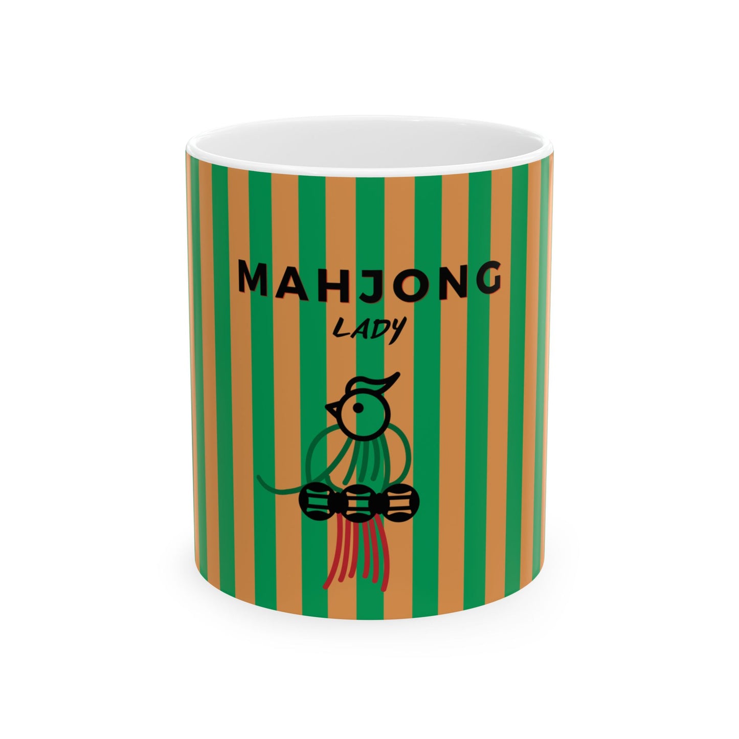 Mug with striped design and 'Mahjong Lady' text on a white background