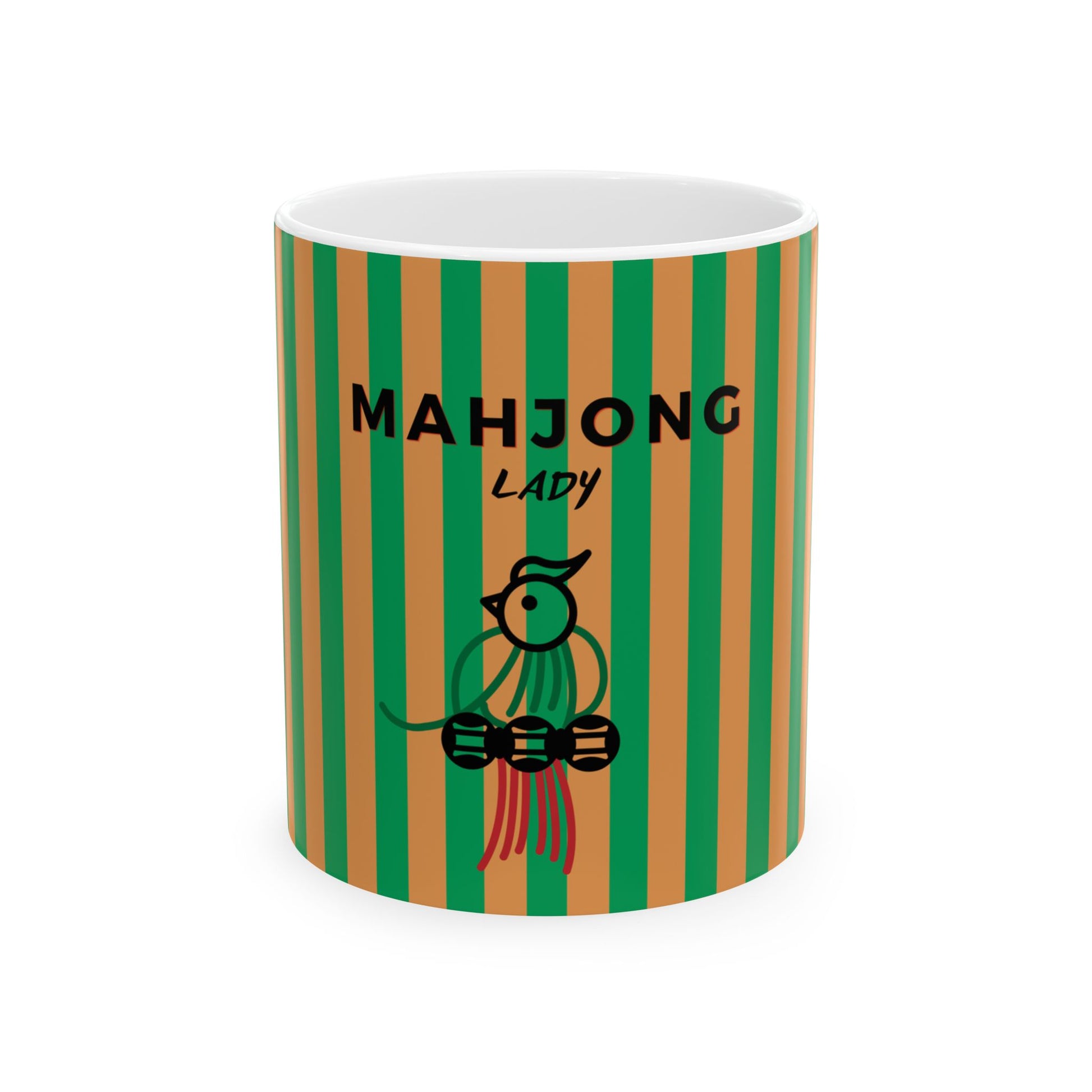 Mug with striped design and 'Mahjong Lady' text on a white background