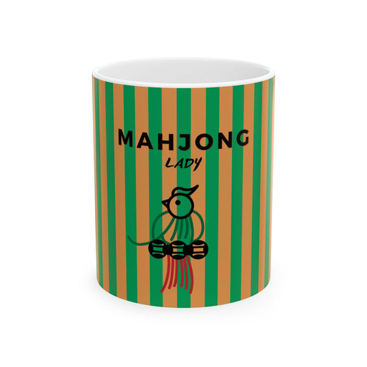 Mug with striped design and 'Mahjong Lady' text on a white background