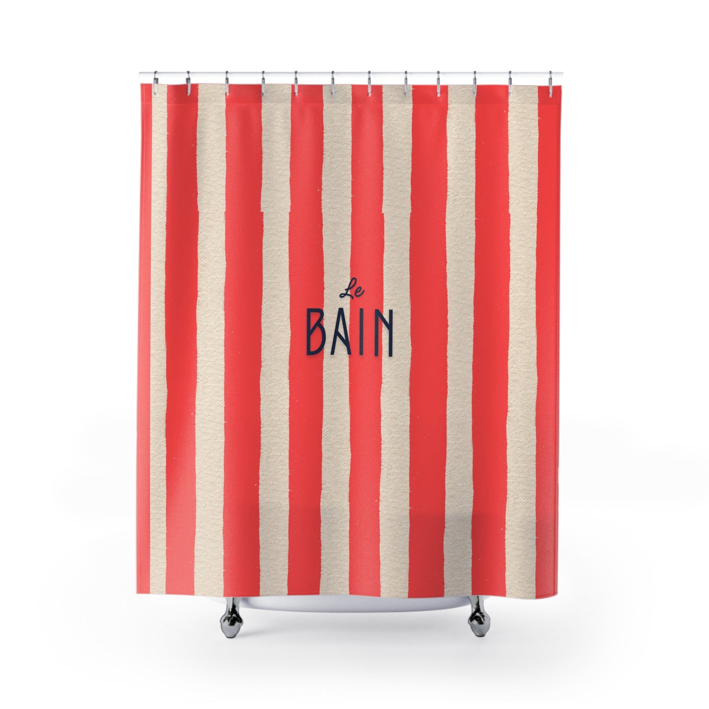 Red and beige striped shower curtain with 'Le Bain' text on a white background