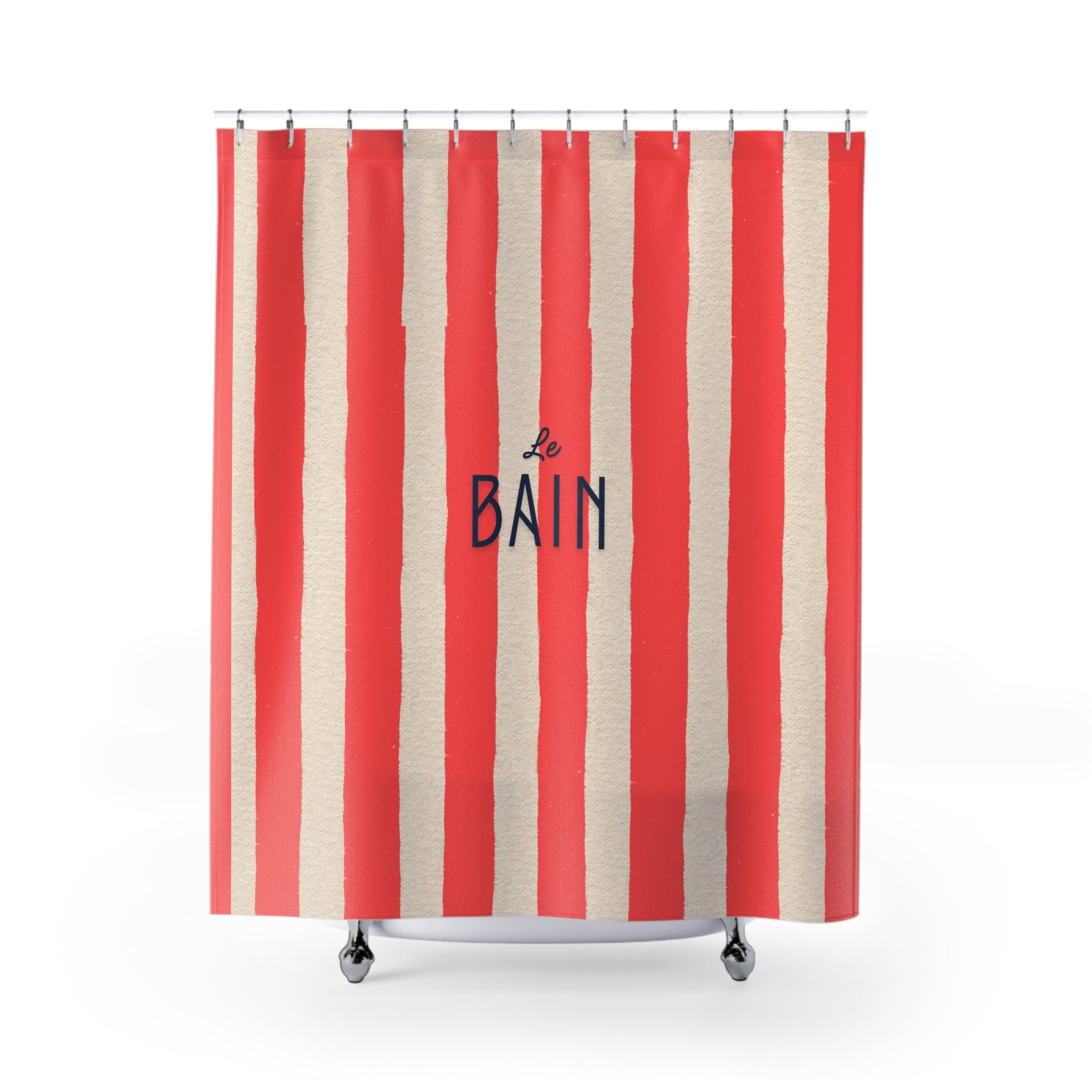 Red and beige striped shower curtain with 'Le Bain' text on a white background