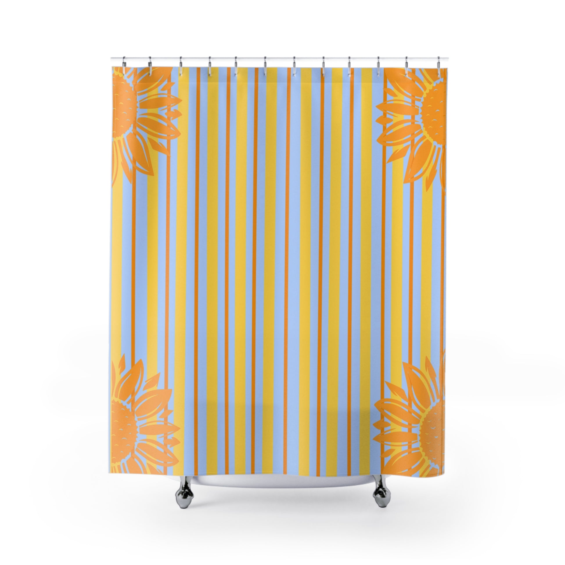 Shower curtain with orange floral patterns and blue and yellow vertical stripes on a white background