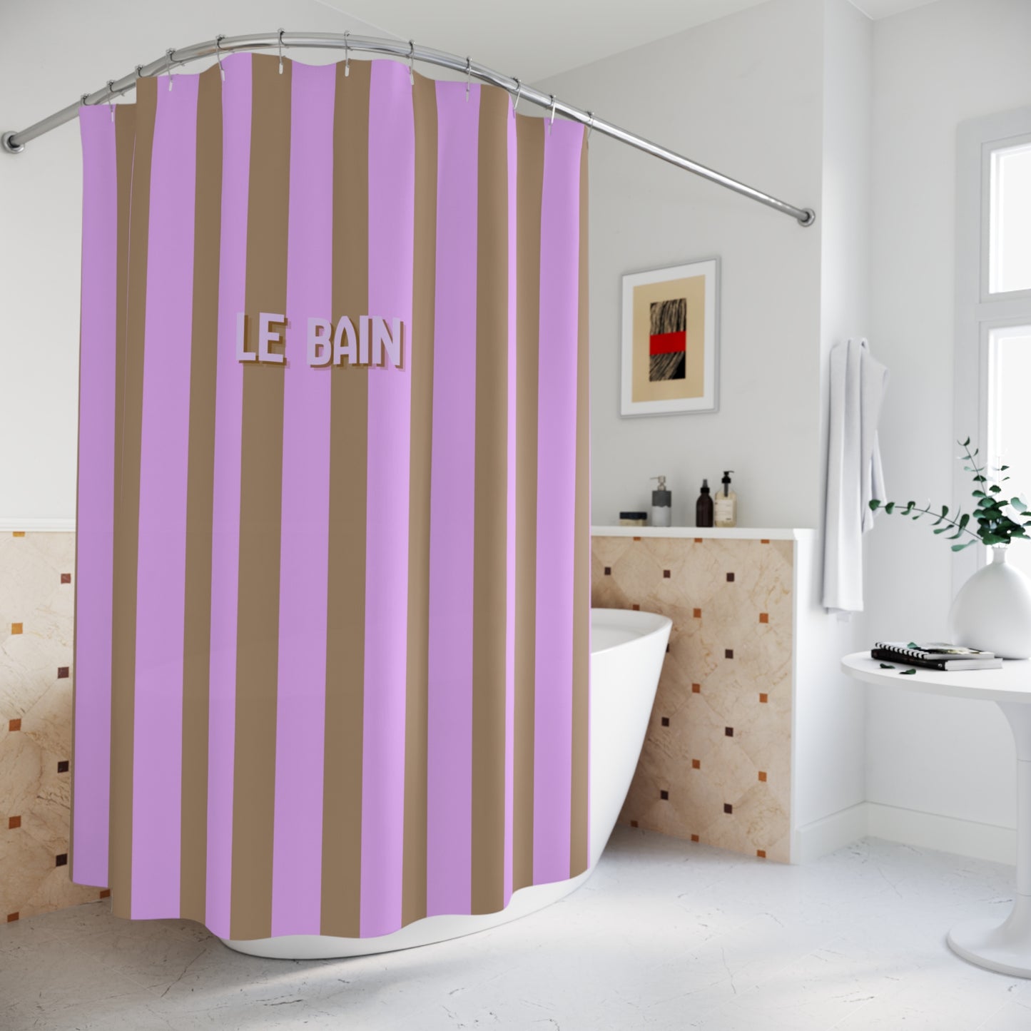 Striped shower curtain with 'LE BAIN' text in a bathroom setting
